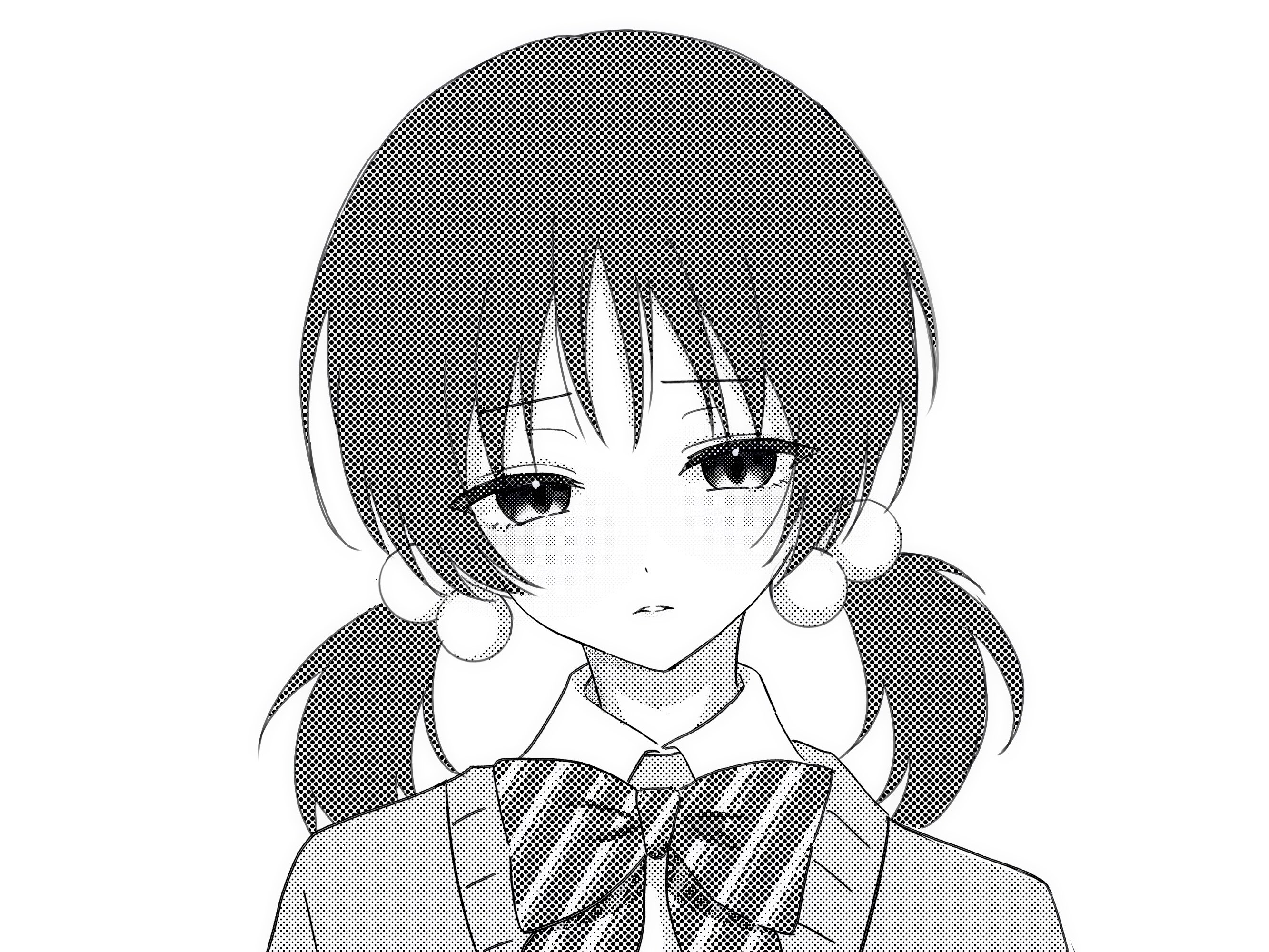 1girl expressionless greyscale highres kaai_yuki low_twintails monochrome ribbon school_uniform shio_(inu_u27) short_hair simple_background solo twintails uniform vocaloid white_background zako_(vocaloid)