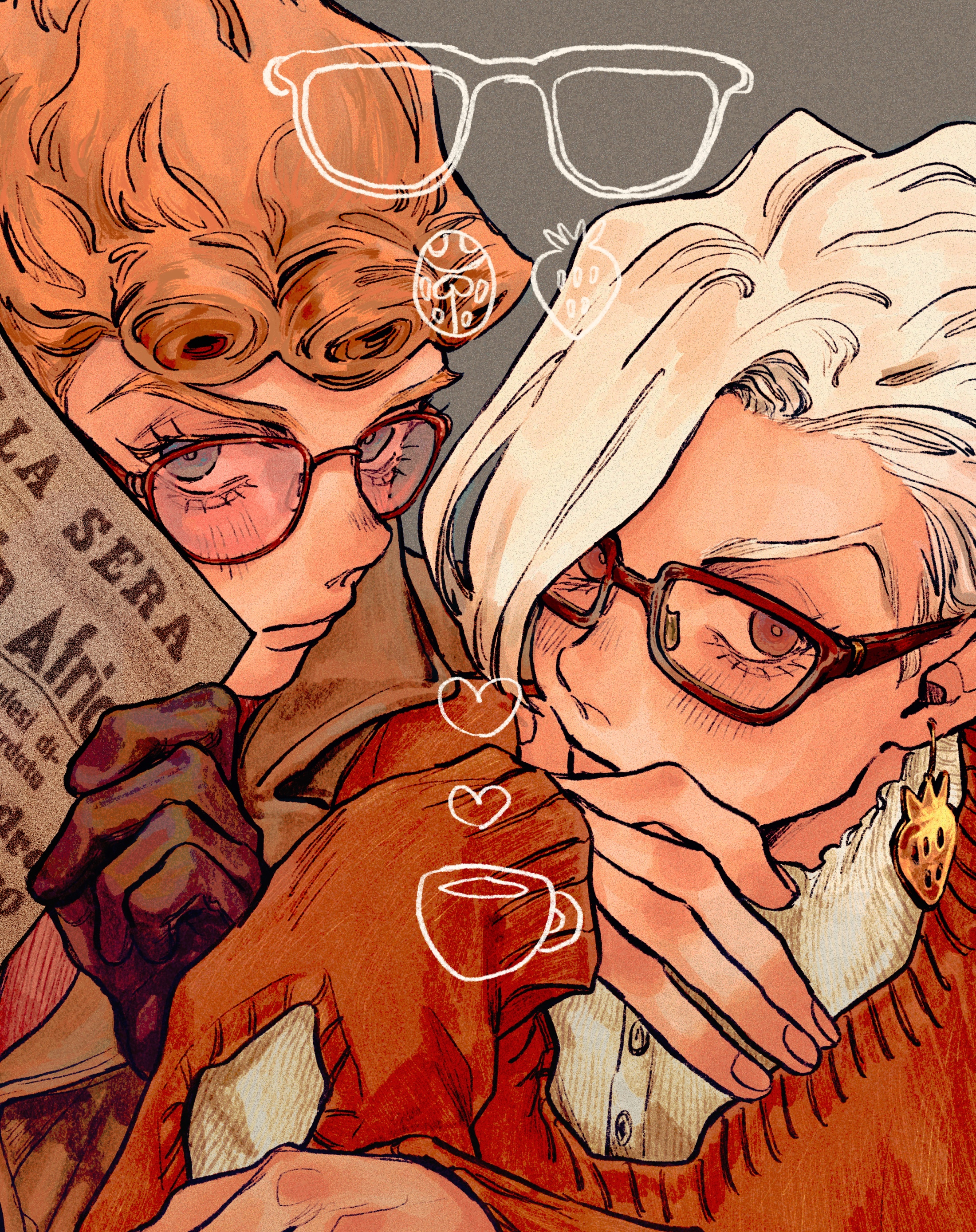 2boys absurdres asymmetrical_bangs blonde_hair brown_coat brown_gloves bug coat collared_coat curtained_hair earrings film_grain food-themed_earrings food_themed_earrings giorno_giovanna gloves grey_background grey_eyes hand_on_own_chin highres holding holding_newspaper insect jewelry jojo_no_kimyou_na_bouken ladybug looking_at_viewer male_focus multiple_boys newspaper okokoro_zaiku pannacotta_fugo red-framed_eyewear red_eyes red_sweater sleeves_past_wrists strawberry_earrings sweater vento_aureo victory_rolls yaoi