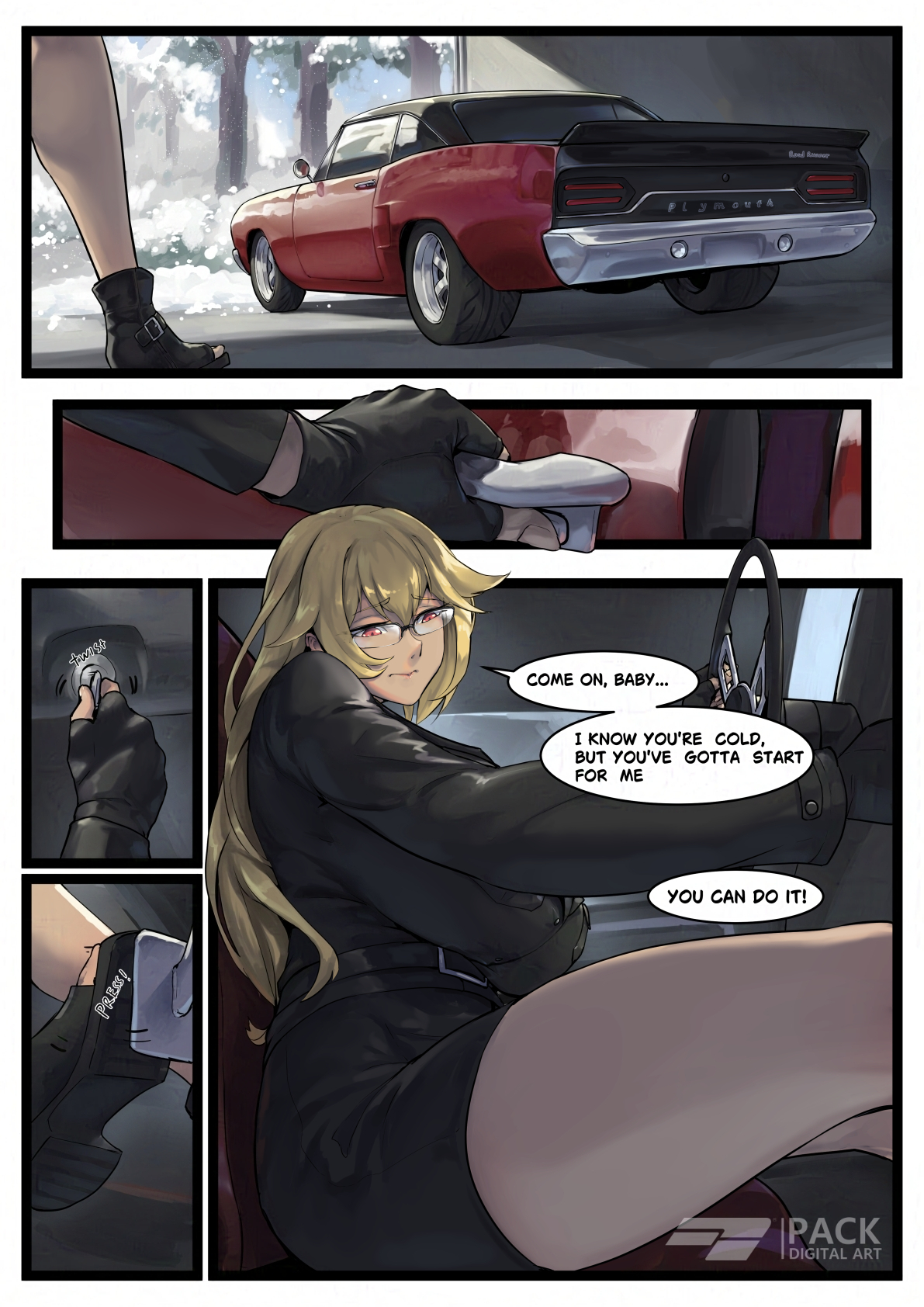 1girl 5koma aikawa_reina_(moparmudder) artist_logo artist_name belt black_gloves blonde_hair breasts car car_interior car_keys comic commission dark-skinned_female dark_skin english_text fingerless_gloves glasses gloves highres huge_breasts jacket leather leather_jacket logo motor_vehicle muscle_car nervous open-toe_shoes original packge pencil_skirt plymouth_(brand) plymouth_road_runner purple_eyes skirt snow thick_thighs thighs tree winter