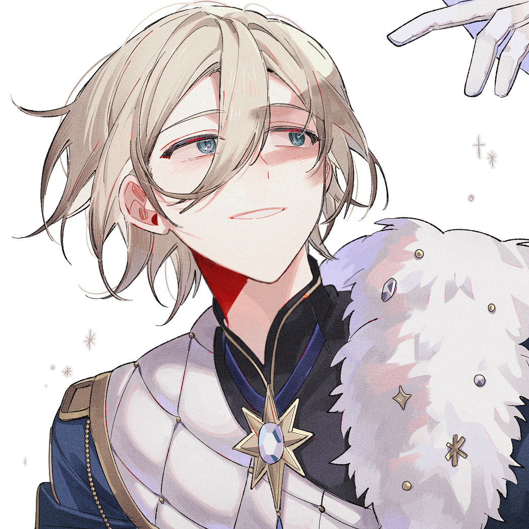 1boy anight aqua_eyes blonde_hair brooch ensemble_stars! fur-trimmed_jacket fur_trim gloves hair_between_eyes hand_up jacket jewelry looking_up male_focus official_alternate_costume short_hair simple_background smile solo star_brooch tenshouin_eichi upper_body white_background white_gloves