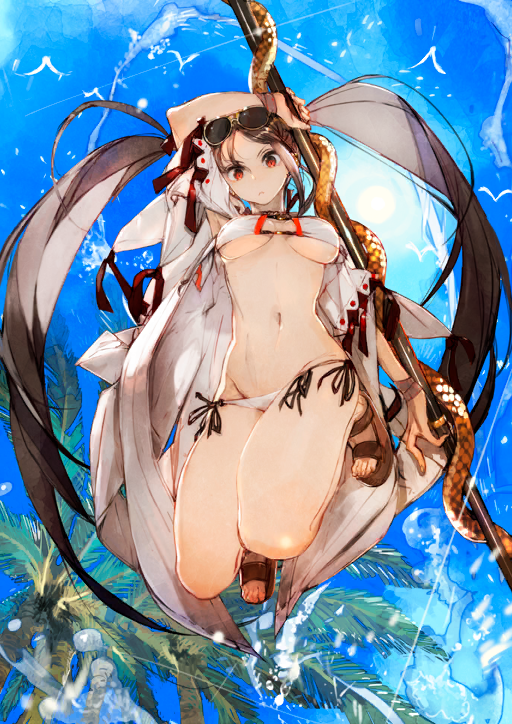 1girl arm_above_head bikini blue_background blue_sky bracelet breasts breasts_apart brown_hair brown_sandals closed_mouth dynamic_pose eyepatch_bikini eyewear_on_head fate/grand_order fate_(series) frown full_body game_cg groin holding holding_polearm holding_weapon jewelry legs_up long_hair looking_at_viewer lowleg lowleg_bikini medium_breasts midair navel official_art palm_tree platform_sandals polearm red_eyes sandals side-tie_bikini_bottom sidelocks sky solo spear splashing stomach sun sunglasses swimsuit swimsuit_cover-up third-party_source toes toi8 tree twintails underboob v-shaped_eyebrows very_long_hair weapon white_bikini yu_mei-ren_(fate) yu_mei-ren_(swimsuit_lancer)_(fate)
