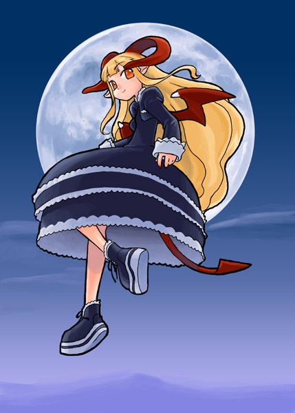 1girl bat_wings blonde_hair demon_tail dress female_focus flying frills horns long_hair longhorn moon orange_eyes os-tan pointy_ears shoes sidelocks sky smile solo tail wings