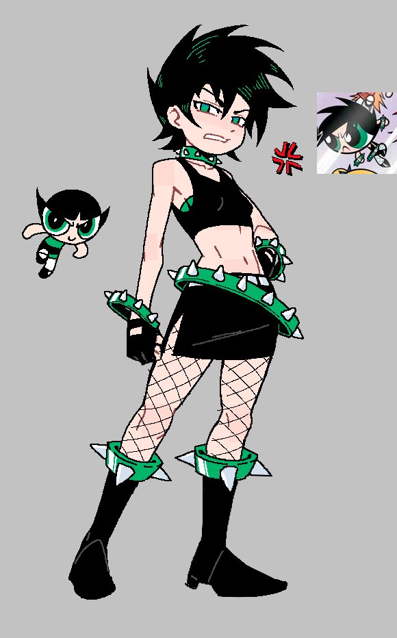 1girl anger_vein bare_shoulders black_footwear black_hair black_skirt boots bracelet brute_(ppg) buttercup_(ppg) collar commentary crop_top english_commentary fishnets fujimna full_body furrowed_brow green_collar green_eyes grey_background jewelry looking_at_viewer navel open_mouth powerpuff_girls reference_inset simple_background skirt spiked_bracelet spiked_collar spikes