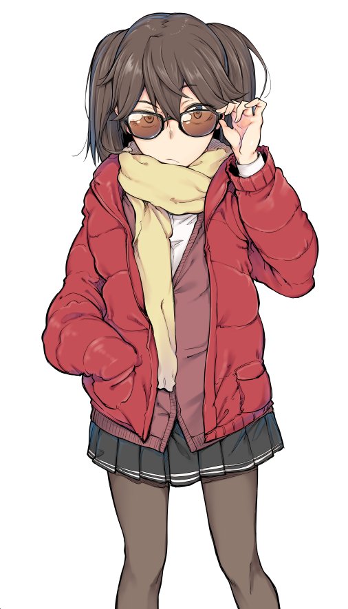 adjusting_eyewear black_skirt brown_cardigan brown_eyes brown_hair brown_pantyhose cardigan closed_mouth cowboy_shot fingernails fringe_trim hair_between_eyes hand_in_pocket hand_on_eyewear hand_up jacket kantai_collection legs_apart long_fingernails long_hair long_sleeves looking_at_viewer miniskirt open_clothes open_jacket pantyhose pleated_skirt red_jacket ryuujou_(kancolle) scarf shirt simple_background skirt solo spirytus_tarou standing sunglasses twintails white_background white_shirt yellow_scarf