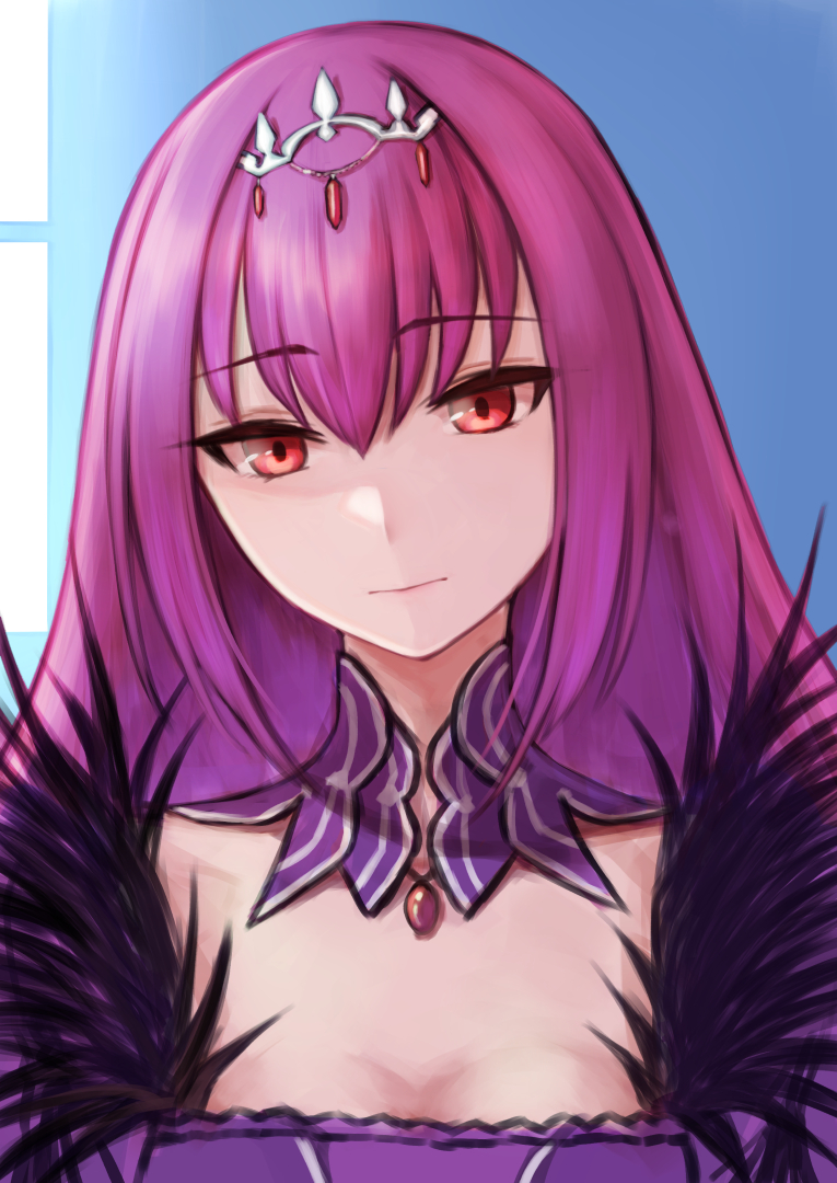 1girl breasts cleavage dress expressionless fate/grand_order fate_(series) feather_trim female_focus fur-trimmed_dress fur_trim hair_between_eyes headpiece nyantiu purple_dress purple_hair red_eyes scathach_(fate) scathach_skadi_(fate) solo tiara upper_body window