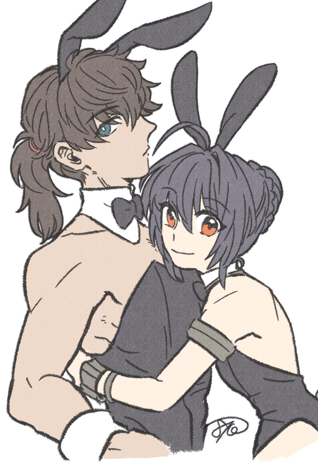 1boy 1other androgynous animal_ears armlet batoson54 black_hair black_leotard blue_eyes bracelet braid braided_bun crossdressing detached_collar fake_animal_ears fate/grand_order fate/samurai_remnant fate_(series) from_side grey_background hair_bun highres hug japanese_clothes jewelry kimono leotard long_hair looking_at_viewer male_playboy_bunny miyamoto_iori_(fate) orange_eyes ponytail profile rabbit_ears sidelocks simple_background smile strapless strapless_leotard upper_body wrist_cuffs yamato_takeru_(fate)