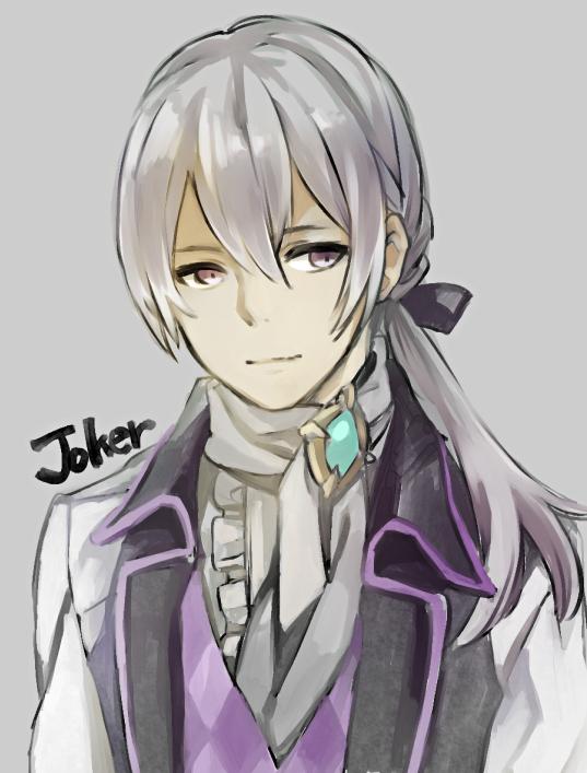 1boy aristocratic_clothes butler character_name fire_emblem fire_emblem_fates grey_hair hair_between_eyes hair_ribbon jakob_(fire_emblem) kitano_ririo low_ponytail nintendo ponytail ribbon solo turquoise_(gemstone) tuxedo_shirt
