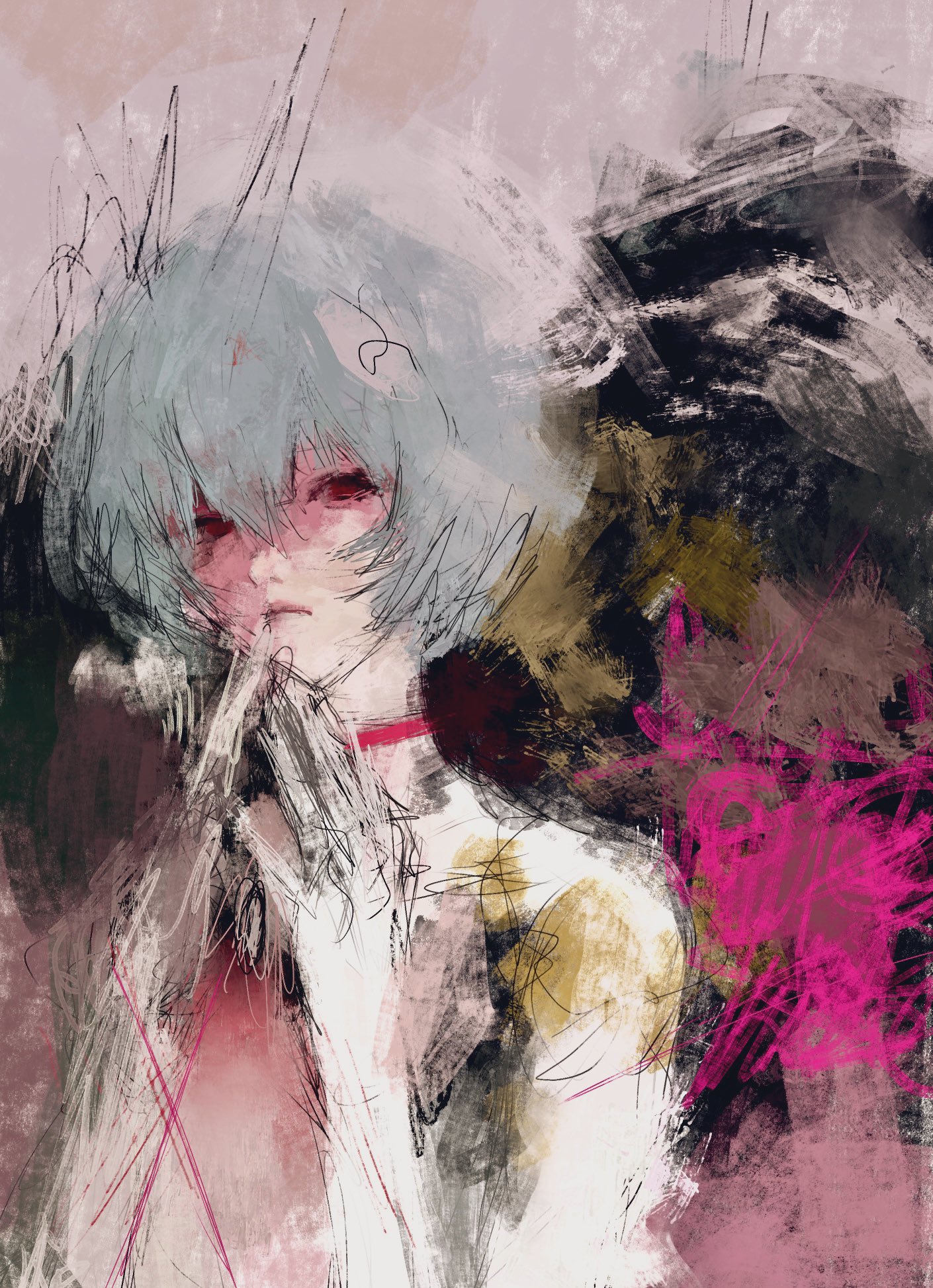 1girl abstract_background ayanami_rei blue_hair bodysuit closed_mouth expressionless fuyumurasaki highres mecha_pilot_suit neon_genesis_evangelion painterly red_eyes short_hair solo upper_body white_bodysuit