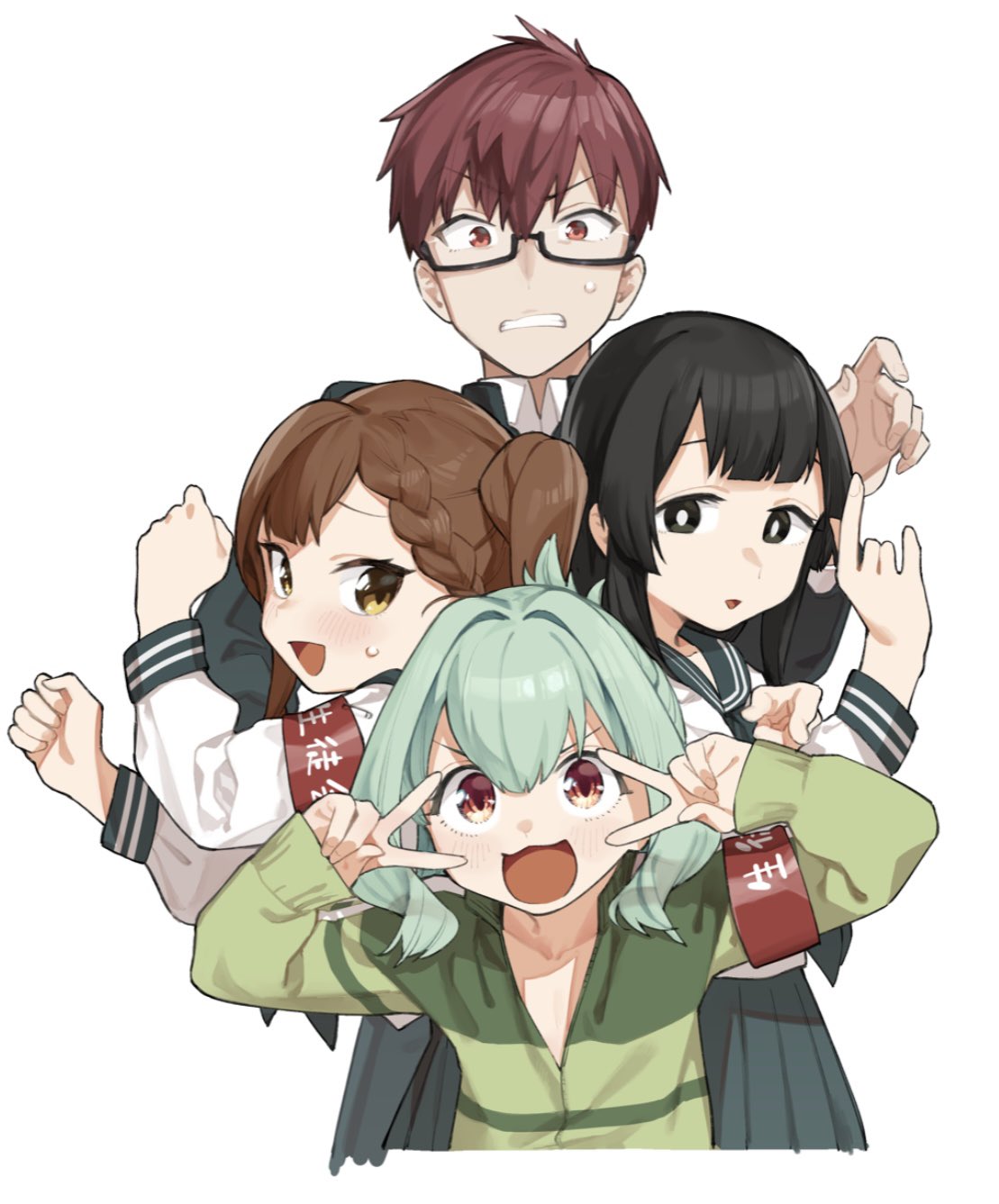 2boys 2girls :d armband black_eyes black_hair blunt_bangs blush braid bright_pupils brown_eyes brown_hair cropped_torso double_v glasses green_hair green_jacket highres jacket kotobuki_hisako long_sleeves mizunoe_ume muchi_maro multiple_boys multiple_girls official_art open_mouth otori_tan pleated_skirt promotional_art red_armband red_eyes sailor_collar school_uniform seitokai_ni_mo_ana_wa_aru! semi-rimless_eyewear simple_background single_braid skirt smile terui_arisu trap twintails upper_body v v_over_eye white_background white_pupils yellow_eyes