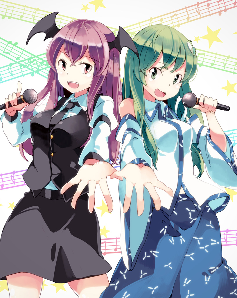 2girls aoi_kujira bad_id bad_pixiv_id bat_wings black_necktie cookie_(touhou) detached_sleeves duet frog frog_hair_ornament green_eyes green_hair hair_ornament head_wings koakuma kochiko_(cookie) kochiya_sanae long_hair microphone multiple_girls music musical_note necktie open_mouth outstretched_arm paseri_(cookie) red_eyes red_hair singing smile snake snake_hair_ornament star_(symbol) touhou vest wings