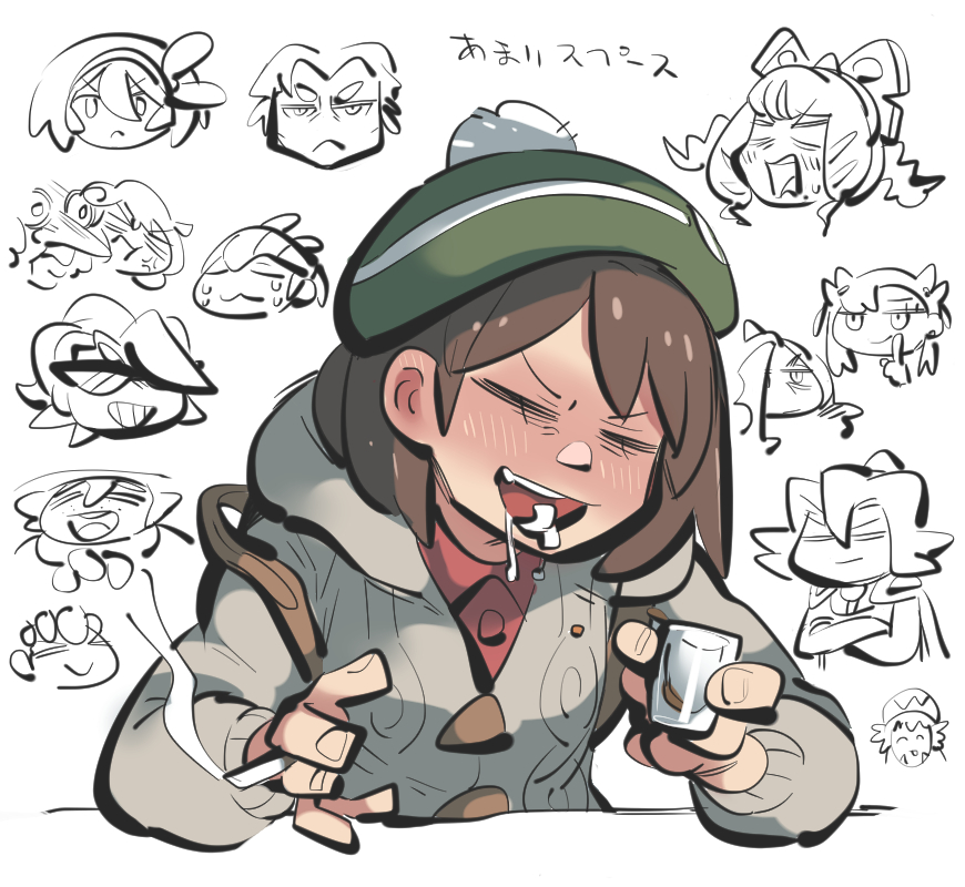 =_= alcohol backpack bag bea_(pokemon) bede_(pokemon) blush bob_cut brown_bag brown_eyes brown_hair buttons cardigan cigarette clair_(pokemon) closed_eyes collared_dress dress drinking drooling drunk full-face_blush gloria_(pokemon) gordie_(pokemon) green_headwear grey_cardigan hat holding holding_cigarette hood hooded_cardigan hop_(pokemon) kabu_(pokemon) kite_(.hack//) klara_(pokemon) leaning_forward leon_(pokemon) marnie_(pokemon) milo_(pokemon) nintendo opal_(pokemon) piers_(pokemon) pink_dress pokemon pokemon_hgss pokemon_swsh raihan_(pokemon) saliva short_hair sketch smoking tam_o&#039;_shanter tirarizun