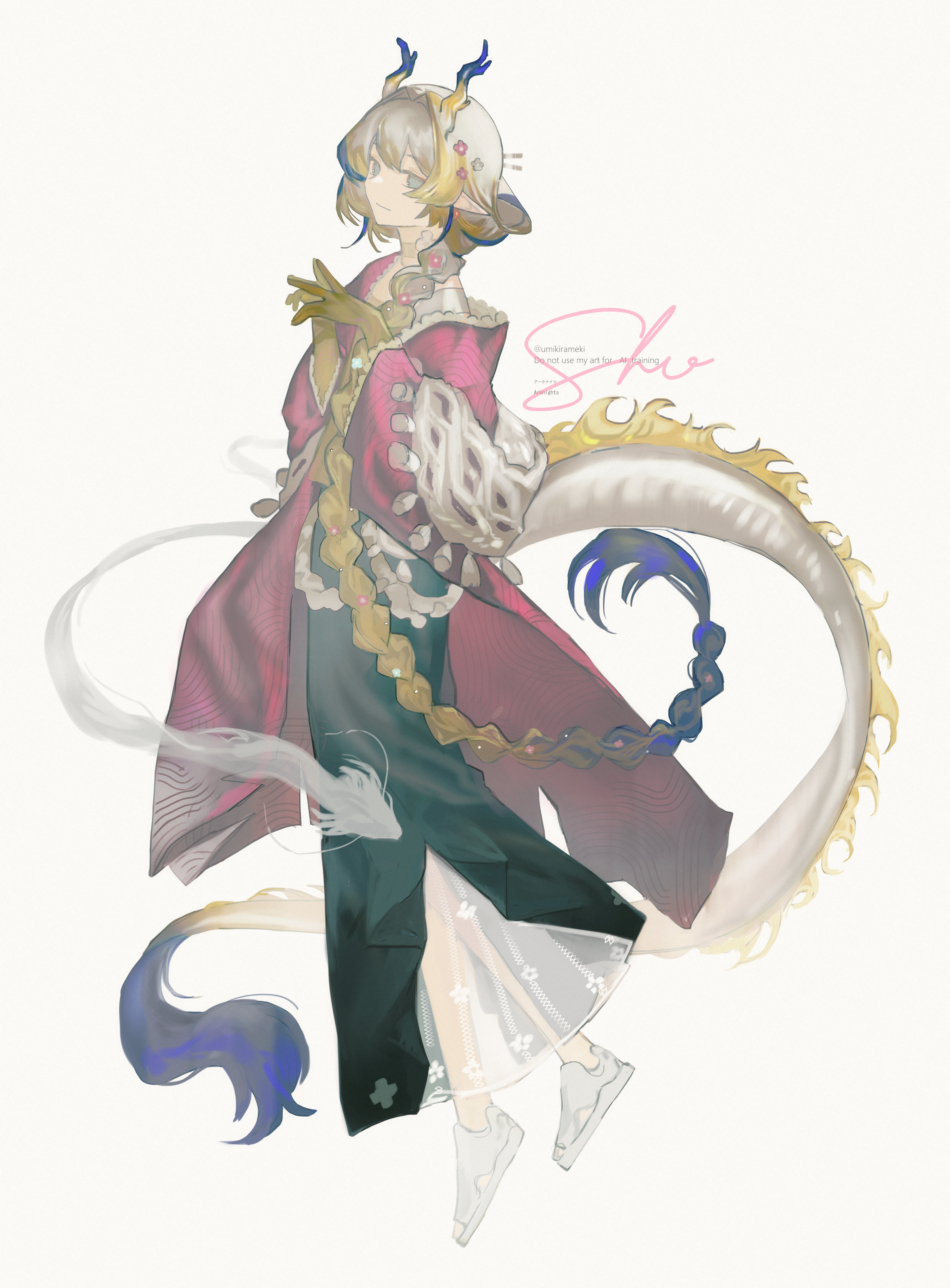 1girl absurdres arknights black_skirt blonde_hair blue_hair braid character_name colored_extremities colored_skin commentary dragon_girl dragon_horns dragon_tail green_eyes highres horns jacket looking_at_viewer multicolored_hair off_shoulder official_alternate_costume official_alternate_hairstyle pink_jacket pointy_ears sandals shawl shu_(arknights) shu_(spring_feast)_(arknights) simple_background skirt smile solo steepled_fingers tail watermark white_background white_hair white_sandals yellow_skin yuishironeko