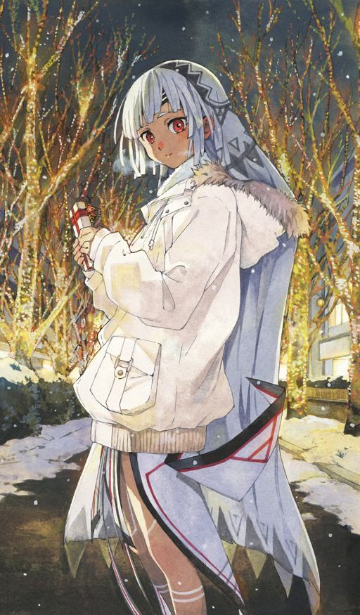 1girl altera_(fate) altera_(sweet_crystal)_(fate) bare_legs bare_tree blush breath chocolate_lady_no_karasawagi coat commentary dark-skinned_female dark_skin fate/grand_order fate_(series) feet_out_of_frame fur-trimmed_jacket fur_trim gift grey_sky holding holding_gift hood hood_down horiguchi_yukiko jacket light_smile long_sleeves looking_at_viewer official_art red_eyes sky snow snowing solo standing third-party_source tree veil white_hair white_jacket white_veil winter_clothes winter_coat