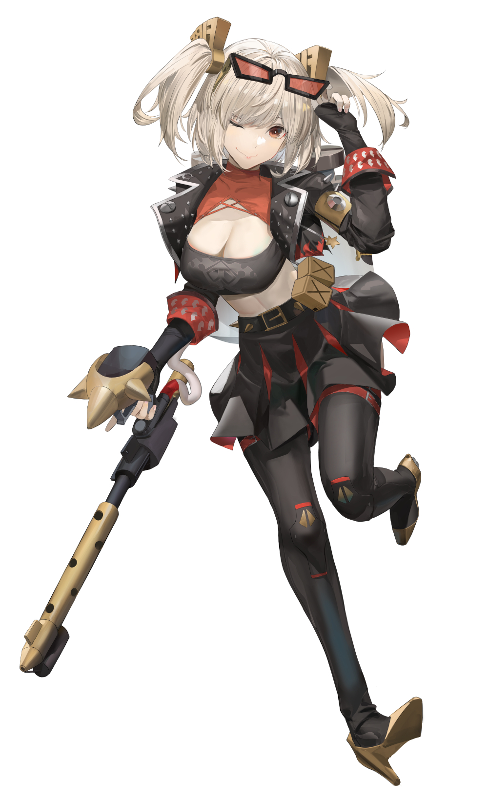 1girl black_gloves black_jacket black_pantyhose black_skirt blazpu blonde_hair breasts burnice_white cleavage crop_top eyewear_on_head fingerless_gloves gloves hair_between_eyes highres jacket large_breasts long_hair looking_at_viewer one_eye_closed pantyhose red-tinted_eyewear red_eyes sidelocks simple_background skirt smile solo sunglasses tinted_eyewear white_background zenless_zone_zero