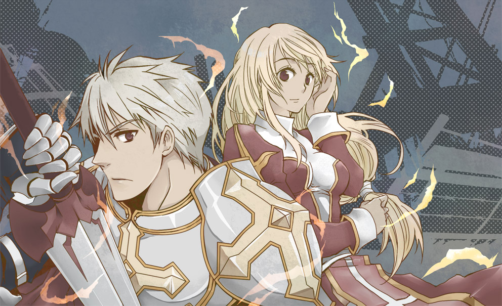 1boy 1girl armor bio_lab blonde_hair breastplate cape closed_mouth commentary_request cross dress gauntlets hair_between_eyes high_priest_(ragnarok_online) holding holding_sword holding_weapon in-universe_location juliet_sleeves long_hair long_sleeves looking_at_viewer looking_to_the_side lord_knight_(ragnarok_online) low-tied_long_hair margaretha_sorin pauldrons puffy_sleeves ragfes ragnarok_online red_cape red_dress red_eyes sash seyren_windsor short_hair shoulder_armor sptbird sword two-tone_dress upper_body weapon white_dress white_hair white_sash