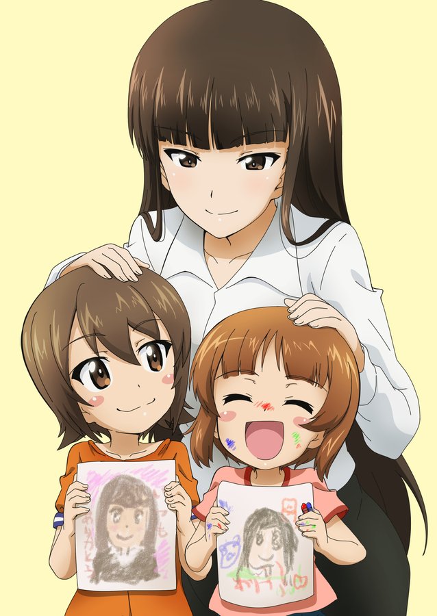 3girls :d ^_^ age_difference aged_down black_hair blunt_bangs blush_stickers brown_hair child&#039;s_drawing closed_eyes collarbone collared_shirt crayon drawing girls_und_panzer hair_between_eyes hand_on_another&#039;s_head height_difference kanau long_hair long_sleeves mother_and_daughter multiple_girls nishizumi_maho nishizumi_miho nishizumi_shiho open_mouth paint_splatter paint_splatter_on_face shirt short_hair short_sleeves siblings simple_background sisters smile white_shirt yellow_background