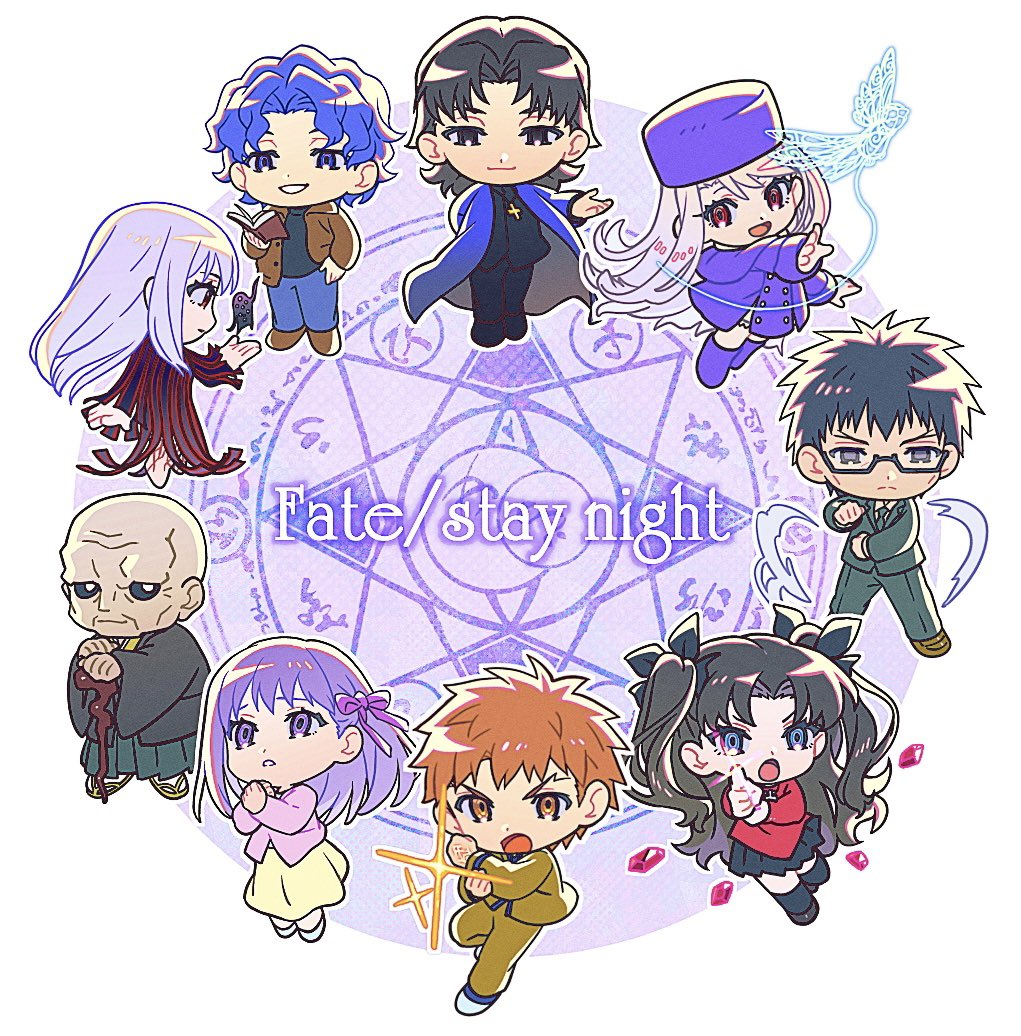 4girls 5boys bald black_sclera blue_boots blue_coat blue_hair blue_hat boots brown_jacket brown_pants cane cheekbones chibi chibi_only closed_mouth coat colored_sclera command_spell copyright_name dark_sakura emiya_shirou fate/stay_night fate_(series) glasses glint green_jacket green_pants grey_hair hal_(haaaalhal) hat illyasviel_von_einzbern index_finger_raised jacket kotomine_kirei kuzuki_souichirou matou_sakura matou_shinji matou_zouken multiple_boys multiple_girls orange_hair pants pleated_skirt priest purple_hair red_shirt shirt shoes short_hair skirt tohsaka_rin white_shoes