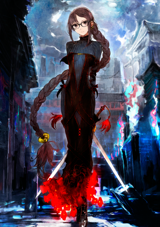 arms_behind_back black-framed_eyewear black_dress blue_dress boots braid breasts brown_boots brown_eyes brown_hair dress ear_piercing fate/grand_order fate_(series) full_body game_cg glasses head_tilt layered_dress legs_together long_dress long_hair long_sidelocks looking_at_viewer medium_breasts multiple_piercings narrow_waist official_art parted_bangs piercing pinstripe_dress pinstripe_pattern sidelocks single_braid sword third-party_source toi8 turtleneck turtleneck_dress variant_set very_long_hair weapon yu_mei-ren_(fate) yu_mei-ren_(first_ascension)_(fate)