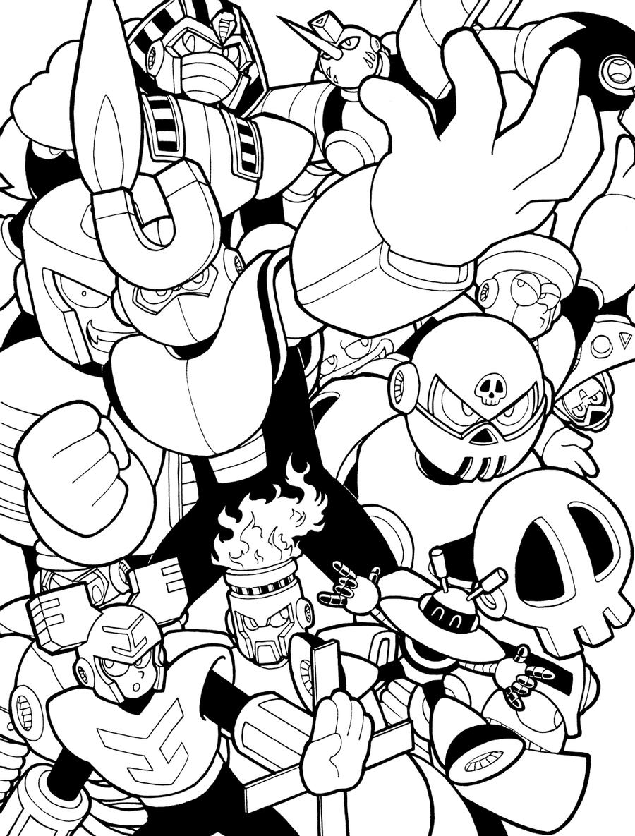 burner_man capcom fire_man galaxy_man gravity_man helmet looking_at_viewer magnet_man mask mega_man_(classic) mega_man_(series) no_humans no_mouth non-humanoid_robot oil_man pharaoh_man robot robot_ears sheep_man skull_man spring_man tengu_man tengu_mask top_man tornado_man