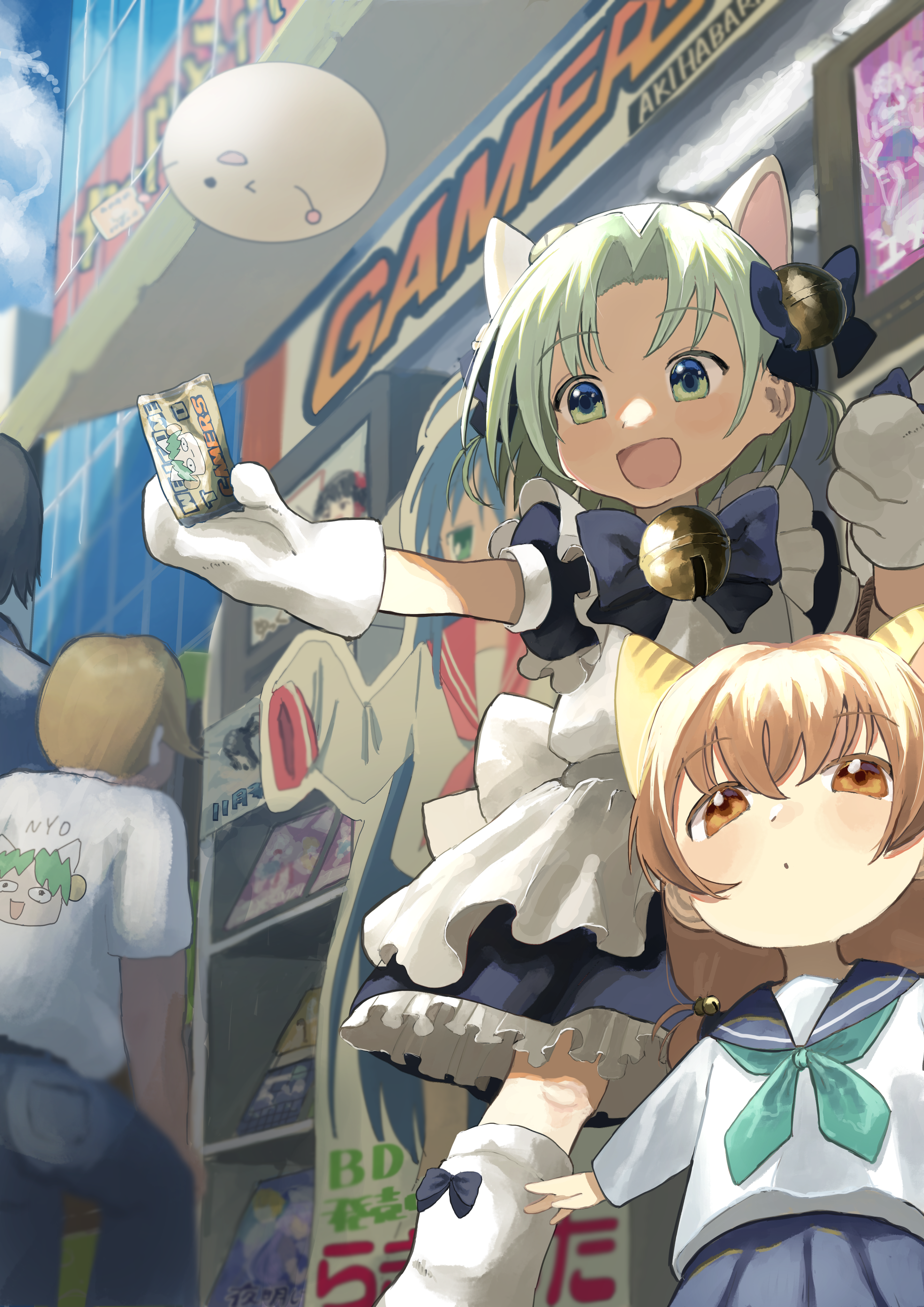 >_o 1_kozin 2boys 2girls absurdres akihabara_(tokyo) animal_hat bell brown_eyes cat_hat character_print dejiko di_gi_charat gamers_(store) gema green_hair hair_bell hair_ornament hat highres izumi_konata lucky_star mittens multiple_boys multiple_girls one_eye_closed open_mouth outdoors outstretched_arm puchiko puffy_short_sleeves puffy_sleeves short_sleeves takeshi_(di_gi_charat) white_mittens yoshimi_(di_gi_charat)