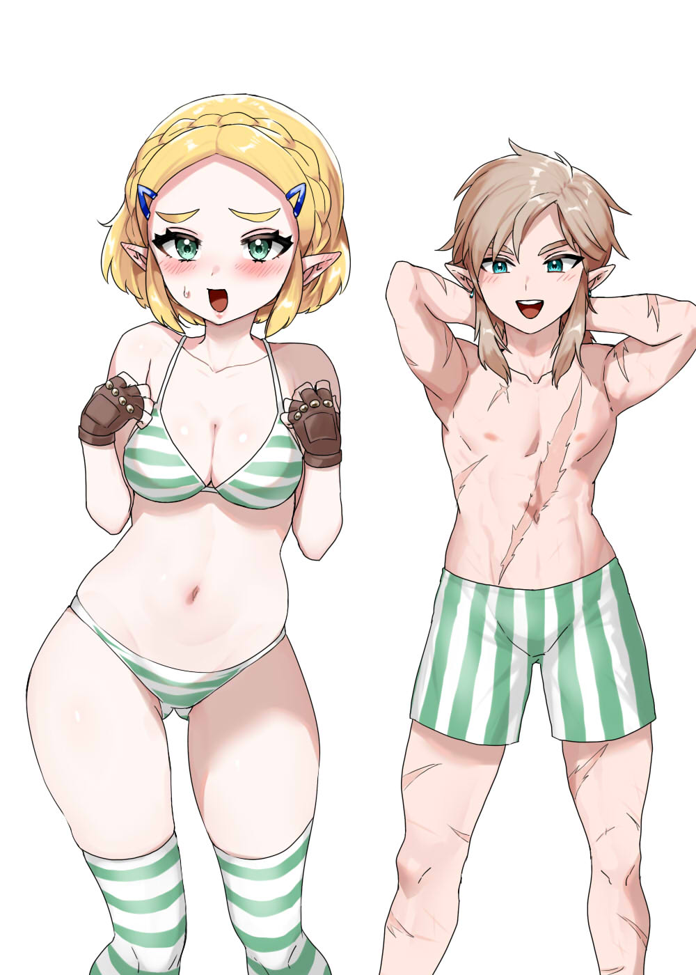 1girl bikini blonde_hair blue_eyes blush braid brown_gloves commentary_request crown_braid facial_scar fingerless_gloves gloves gluteal_fold green_bikini green_eyes green_thighhighs hair_ornament hairclip highres light_brown_hair link looking_at_another looking_at_viewer medium_hair navel nintendo open_mouth pointy_ears princess_zelda scar scar_on_arm scar_on_cheek scar_on_face scar_on_leg short_hair sidelocks striped_bikini striped_clothes striped_male_swimwear striped_thighhighs swimsuit the_legend_of_zelda the_legend_of_zelda:_tears_of_the_kingdom thighhighs wasabi_(legemd) white_background white_bikini white_thighhighs