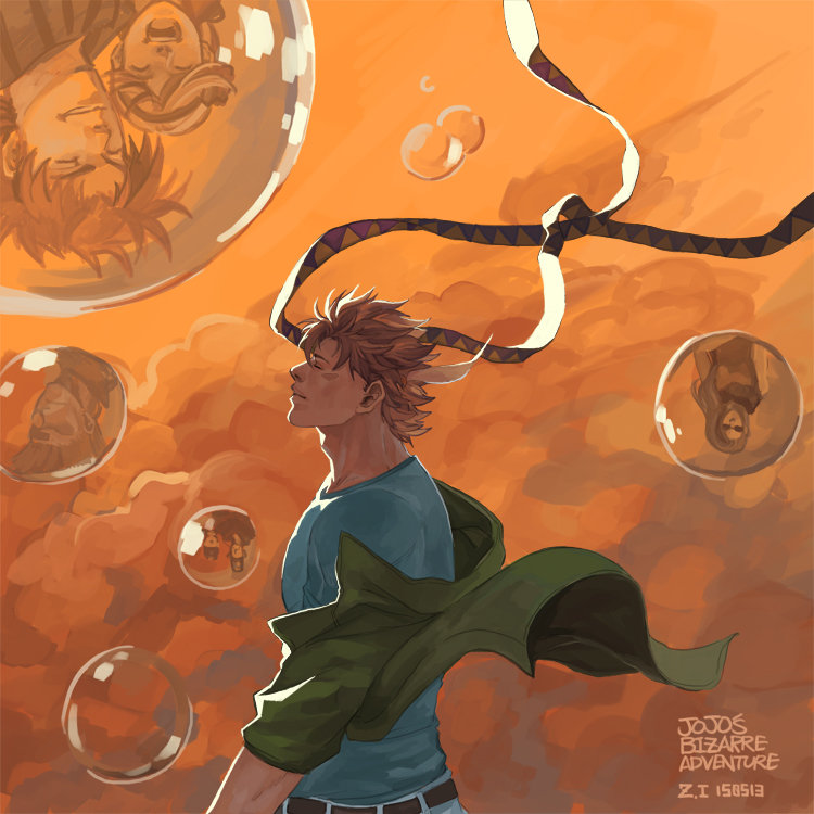 1boy artist_name bandana unworn_bandana blonde_hair bubble caesar_anthonio_zeppeli closed_eyes cloud copyright_name dated head_wings jacket jojo_no_kimyou_na_bouken joseph_joestar joseph_joestar_(young) lisa_lisa loggins_(jojo) male_focus messina_(jojo) solo suzi_q upside-down winged_hat wings z.i