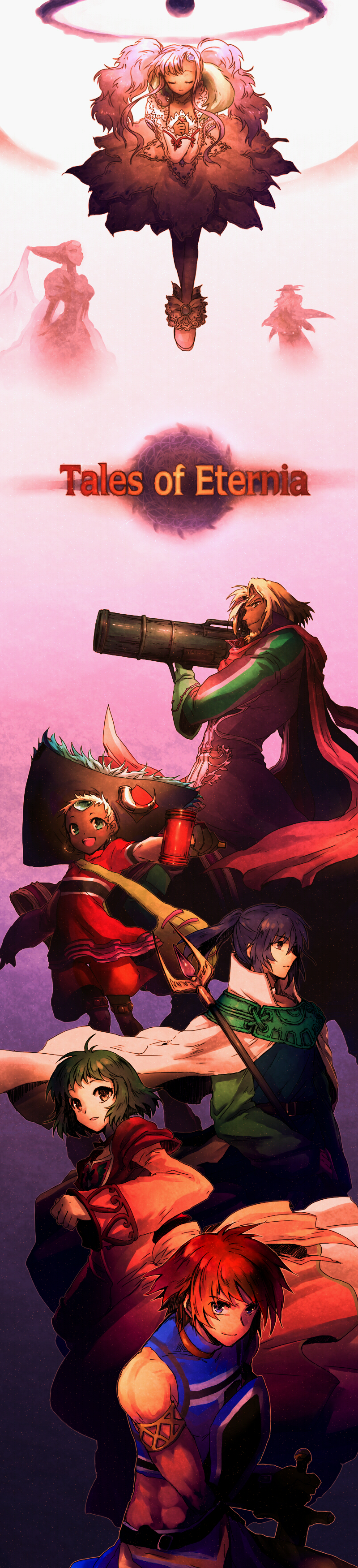 4boys 4girls absurdres bare_shoulders blonde_hair blue_eyes blue_hair cape chat_(tales) closed_eyes dark-skinned_female dark-skinned_male dark_skin dress farah_oersted fog_(tales) green_hair hammer hat highres holding holding_cannon holding_hammer holding_polearm holding_sword holding_weapon keele_zeibel long_image looking_at_viewer meredy_(tales) multiple_boys multiple_girls muscular muscular_male onimaru_gonpei parted_lips pink_hair polearm ponytail praying rassius_luine red_dress red_hair reid_hershel serious shizel sleeveless smile sword tales_of_(series) tales_of_eternia tall_image weapon white_cape wide_brim