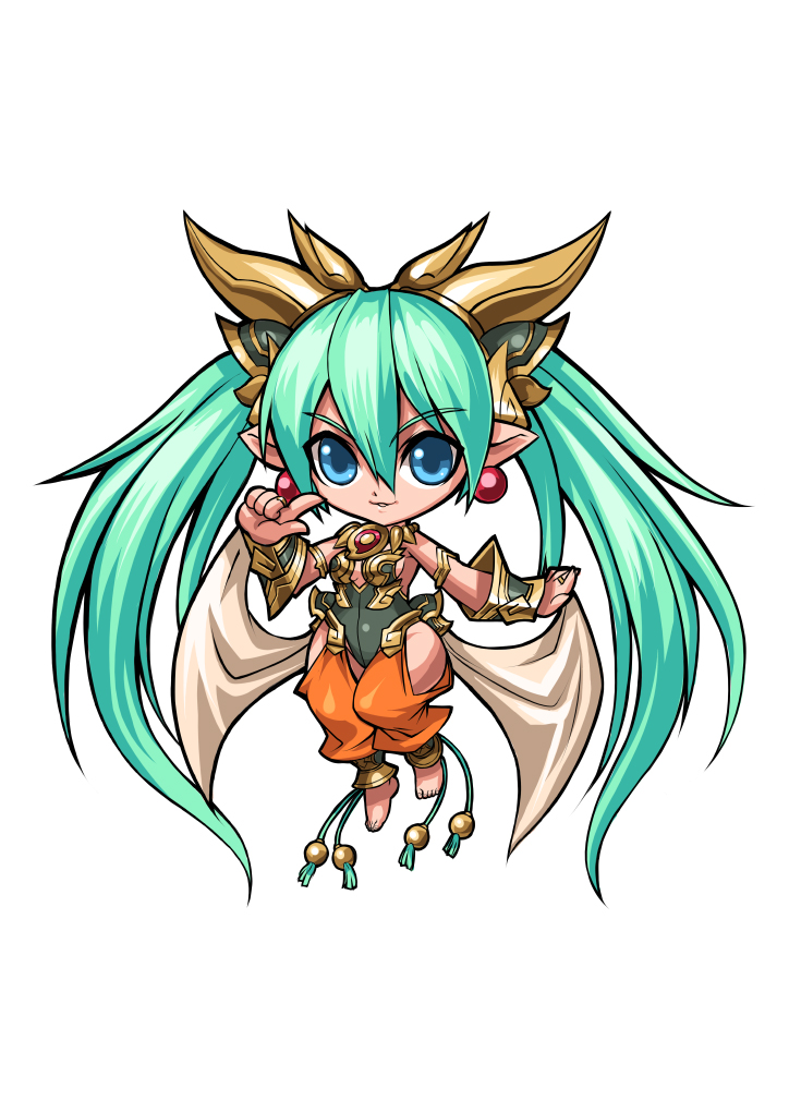 1girl aqua_hair armband bare_shoulders barefoot benten_(cho_aniki) blue_eyes bracer breasts chibi cho_aniki cho_aniki_zero cleavage covered_navel earrings female_focus hair_ornament harem_pants headgear hip_focus jewelry leotard long_hair lots_of_jewelry necklace official_art pants pointy_ears simple_background small_breasts solo thighs twintails