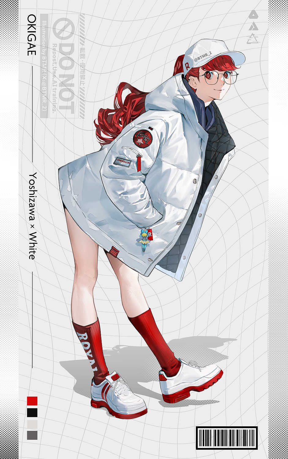 1girl alternate_costume barcode baseball_cap btmr_game cendrillon_(persona) character_name charm_(object) full_body hand_in_pocket hat highres hood hood_down hooded_jacket jacket leaning_forward long_hair long_sleeves looking_at_viewer object_in_pocket open_clothes open_jacket persona persona_5 persona_5_the_royal pocket red_eyes red_hair red_socks shoes sneakers socks solo white_hat white_jacket white_shoes yoshizawa_kasumi