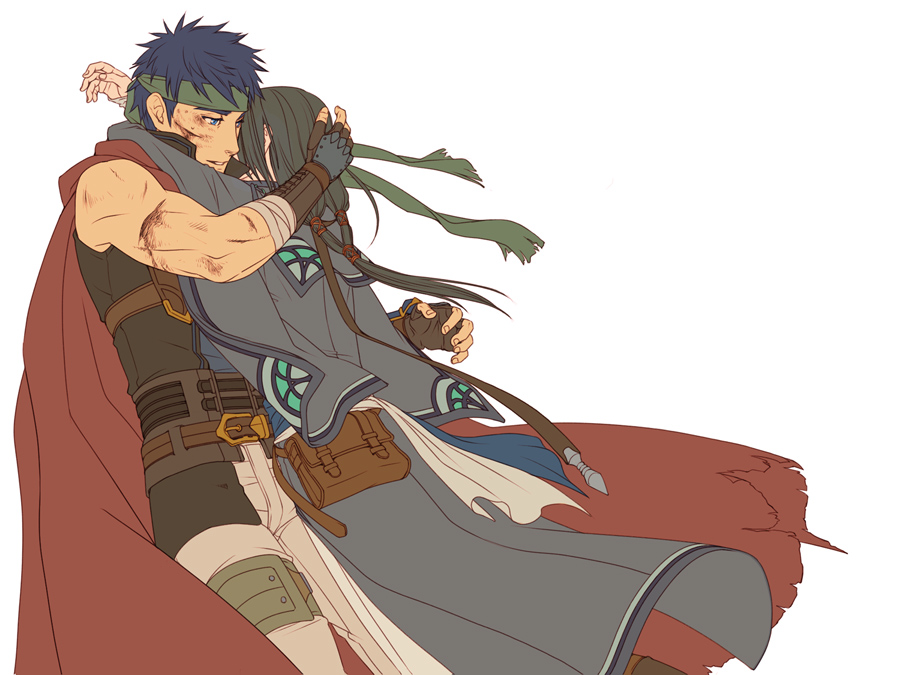 2boys bandages bandana black_hair blood blood_on_face cape fingerless_gloves fire_emblem fire_emblem:_path_of_radiance fire_emblem:_radiant_dawn gloves headband hug ike_(fire_emblem) kobashi_(hodohodo) long_hair male_focus multiple_boys nintendo short_hair simple_background soren_(fire_emblem) white_background yaoi