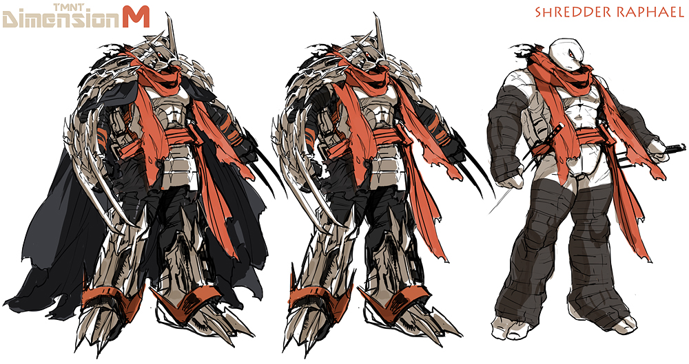 1boy armor armored_boots black_cape boots cape reference_sheet claws cosplay full_armor full_body helmet male_focus miyako_nagi no_humans raphael_(tmnt) red_eyes red_scarf sai_(weapon) scarf shredder_(cosplay) shredder_(tmnt) teenage_mutant_ninja_turtles turtle weapon