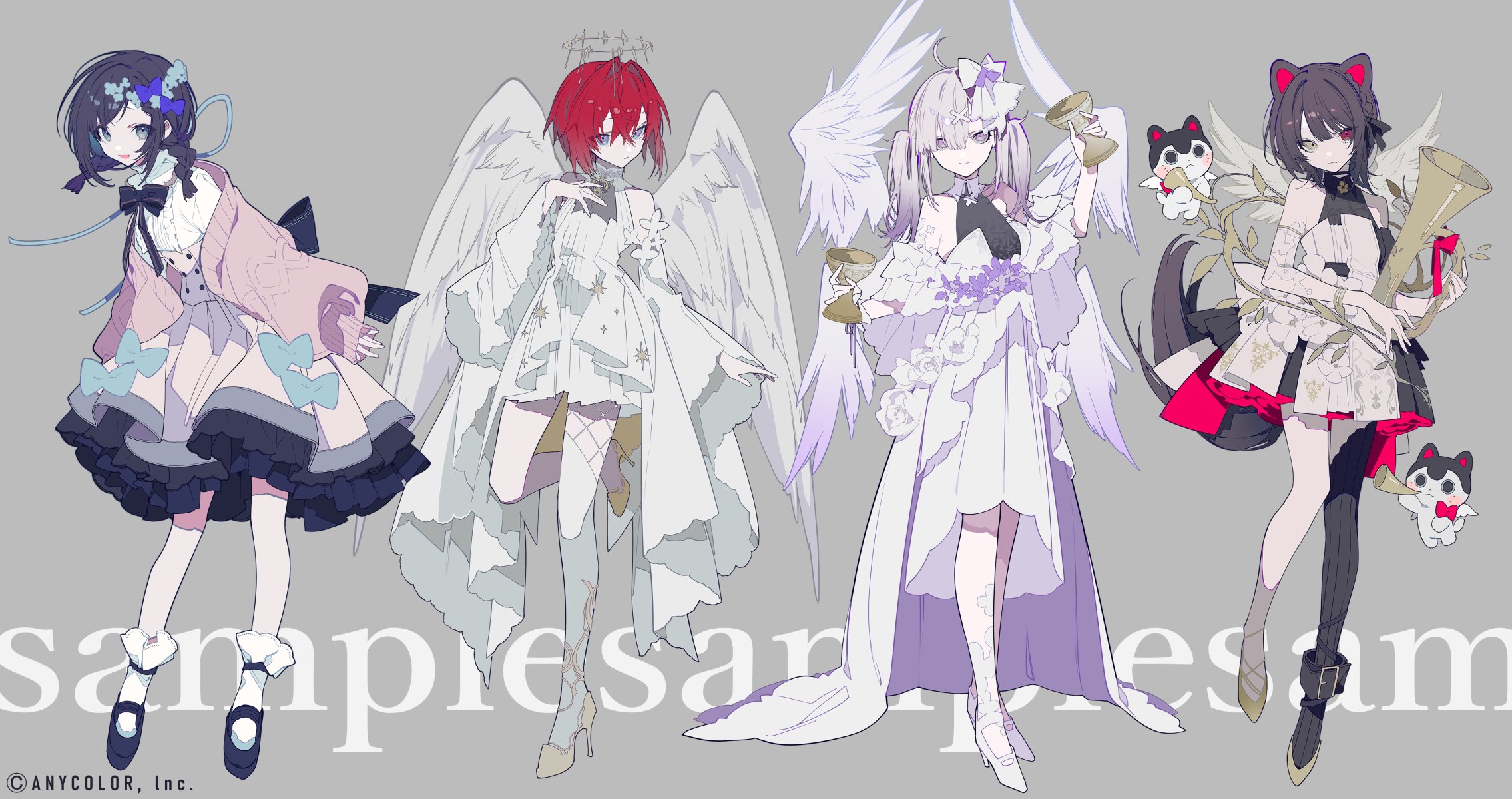 4girls :d aiba_uiha ange_katrina angel_wings animal_ears ankle_belt back_bow black_bow black_bowtie black_dress black_footwear black_hair black_ribbon black_thighhighs blue_bow blue_eyes blue_flower bow bowtie bracelet braid brown_hair bugle cardigan center_frills chalice closed_mouth collared_dress cup detached_sleeves dog dog_ears dog_girl dog_tail dress dress_bow dress_flower expressionless flower french_braid frilled_skirt frills full_body grey_background grey_hair hair_between_eyes hair_bow hair_flower hair_intakes hair_ornament hair_ribbon hairclip halo head_tilt heterochromia high-low_skirt high-waist_skirt high_heels highres holding holding_cup holding_instrument horn_(instrument) instrument inui_toko jewelry judgement_(tarot) light_purple_hair long_hair looking_at_viewer mary_janes mochizuki_kei multiple_girls multiple_wings nijisanji off_shoulder official_art open_mouth pink_cardigan pink_skirt plant purple_eyes red_eyes red_hair ribbon sample_watermark shawl shirt shoes short_hair simple_background single_thighhigh skirt sleeveless sleeveless_dress smile socks standing strength_(tarot) sukoya_kana swept_bangs tail tarot temperance_(tarot) the_lovers_(tarot) thighhighs twin_braids twintails two-tone_dress vines virtual_youtuber watermark white_bow white_dress white_flower white_footwear white_shawl white_shirt white_socks white_thighhighs wide_sleeves wings x_hair_ornament yellow_eyes yellow_shoes