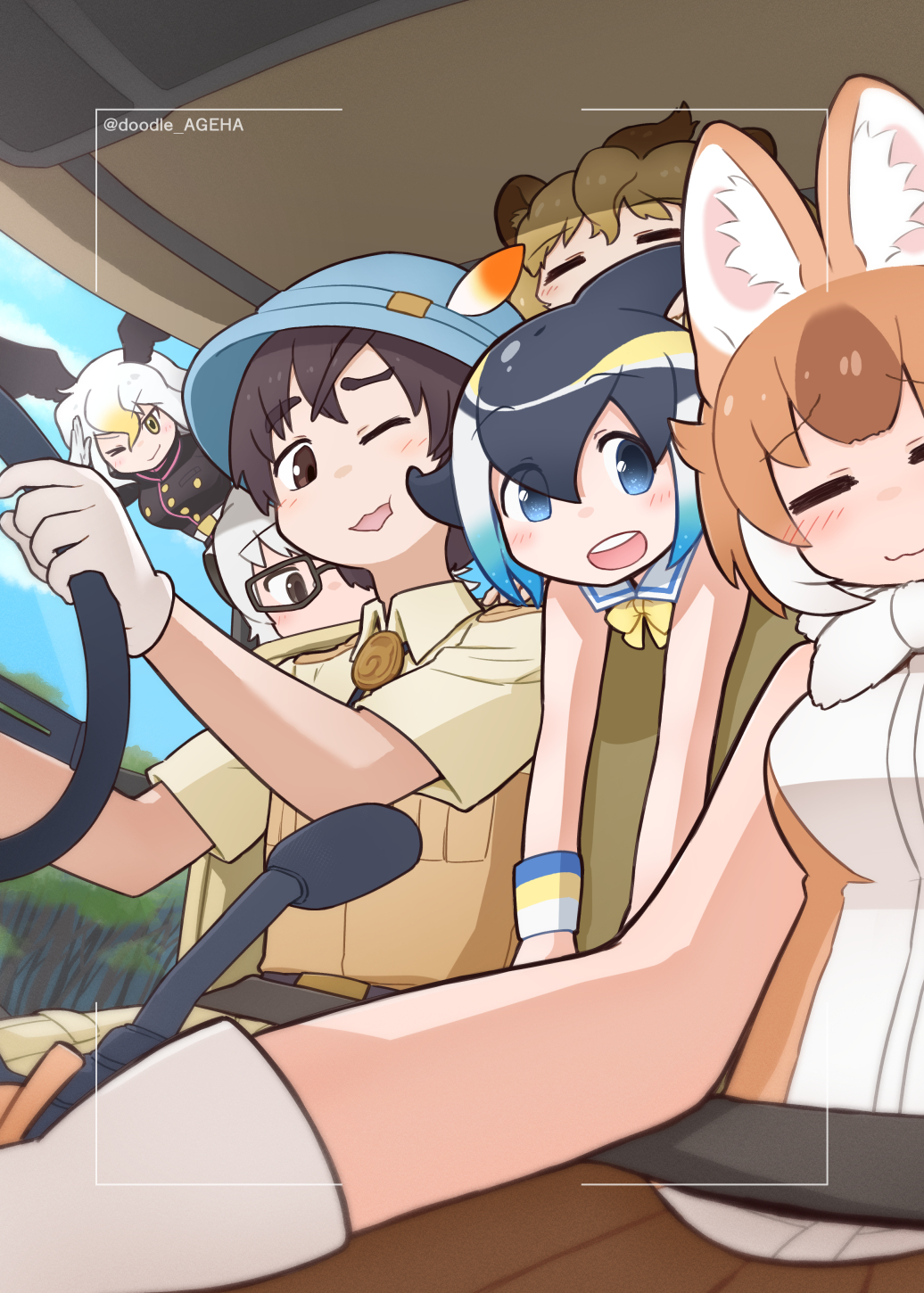 1boy 5girls animal_ears bald_eagle_(kemono_friends) bare_shoulders bird_girl bird_wings black_hair blonde_hair blowhole blue_eyes blue_hair blush bow breasts brown_hair bucket_hat bus_interior captain_(kemono_friends) common_dolphin_(kemono_friends) da_(bobafett) dhole_(kemono_friends) dog_ears dog_girl dolphin_girl dorsal_fin dress extra_ears fins glasses gloves grey_hair hair_between_eyes hat head_wings highres jacket japari_bus kemono_friends kemono_friends_3 lion_(kemono_friends) long_hair long_sleeves looking_at_viewer medium_breasts meerkat_(kemono_friends) meerkat_ears multicolored_hair multiple_girls official_art one_eye_closed open_mouth sailor_collar shirt short_hair skirt sleeveless smile sweater two-tone_hair two-tone_sweater white_hair wings yellow_eyes