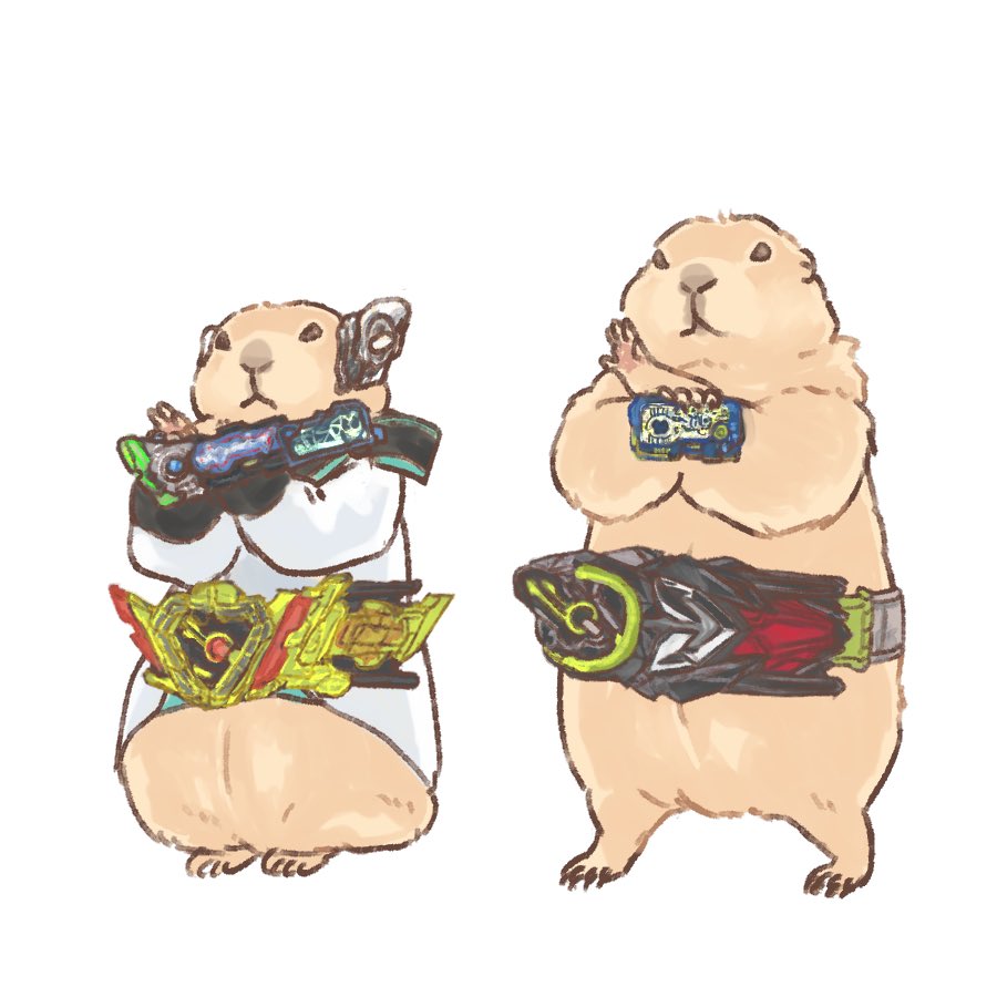 animal_focus belt belt_buckle body_fur brown_fur buckle coat cosplay full_body henshin_pose is_(kamen_rider_01) is_(kamen_rider_01)_(cosplay) kamen_rider kamen_rider_01_(series) kamen_rider_zero-one kamen_rider_zero-two lab_coat prairie_dog progrise_key py0wwk rider_belt robot_ears white_coat zero_one_driver zero_two_driver