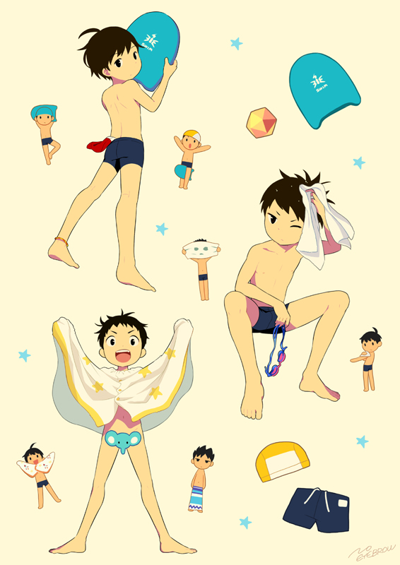 1boy barefoot black_eyes black_male_swimwear black_school_swimsuit bottomless brown_hair censored drawstring from_behind holding_kickboard jammers kickboard looking_at_viewer looking_back male_focus male_school_swimsuit male_swimwear noeyebrow_(mauve) open_mouth original paddle school_swimsuit short_hair simple_background sitting standing swim_cap swimsuit