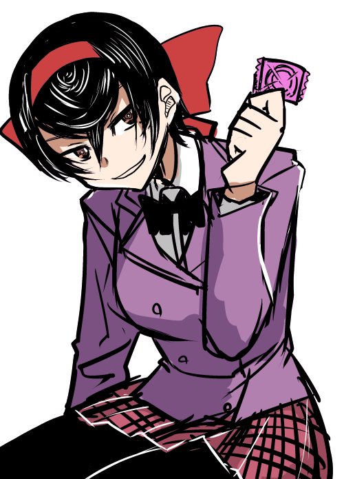 1girl black_hair bow brown_eyes condom condom_wrapper dress_shirt girls_und_panzer girls_und_panzer_ribbon_no_musha hair_bow holding holding_condom mimuni362 mole mole_under_eye ribbon school_uniform shirt solo tatenashi_high_school_uniform tsuruki_shizuka white_background