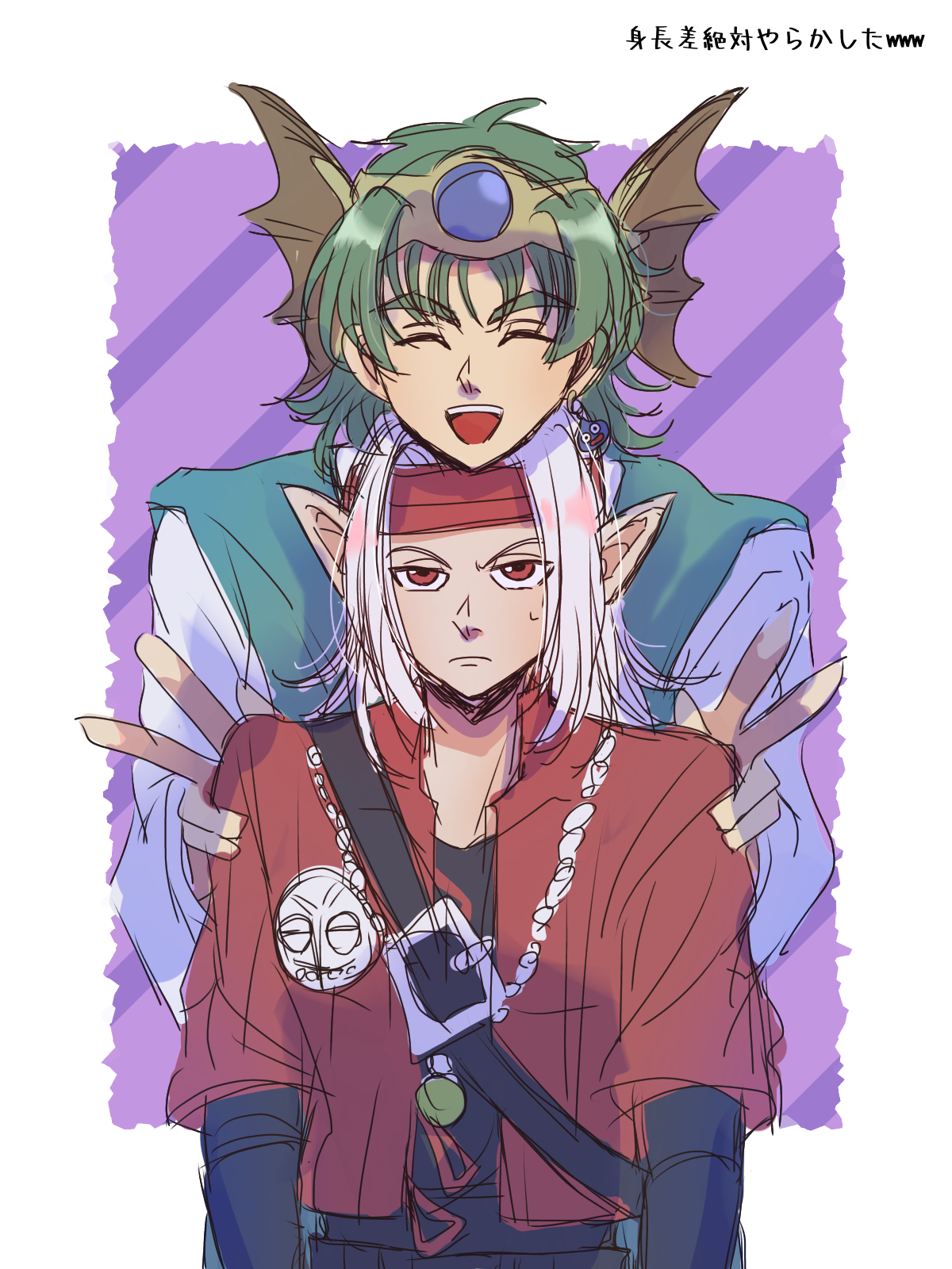 2boys aged_down aqua_tunic black_shirt blue_gemstone border chin_rest commentary_request double_v dragon_quest dragon_quest_iv dragon_quest_monsters_3 earrings fins gem gold_headdress green_gemstone green_hair head_fins head_on_head head_rest headband hero_(dq4) highres jacket jewelry long_hair looking_up male_focus medium_hair multiple_boys necklace official_alternate_design open_mouth pisaro pointy_ears red_eyes red_headband red_jacket sazanka_(user_ctwm2753) shirt sketch slime_(dragon_quest) smile sweatdrop translated tunic upper_body v white_border white_hair white_shirt