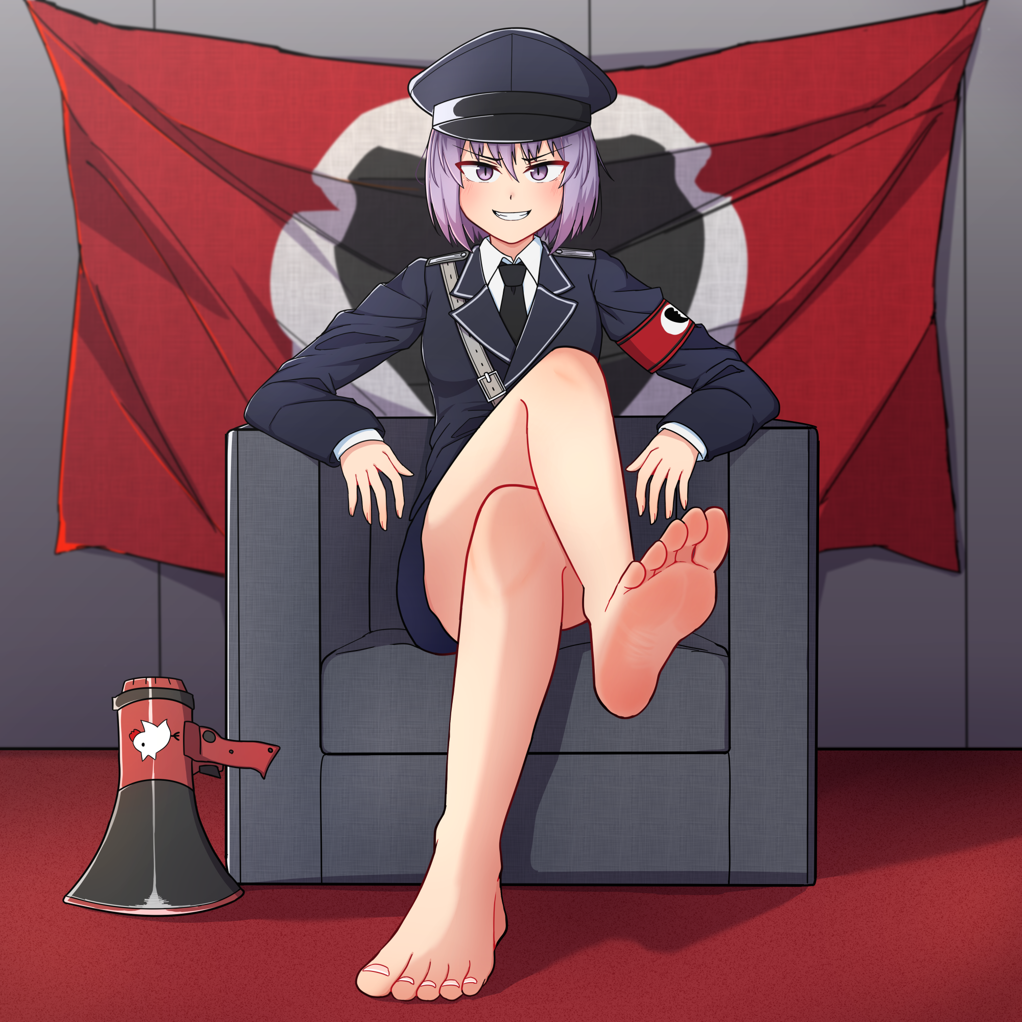 1girl 3520a076 armchair barefoot black_coat black_hat black_necktie black_skirt blush broken_heart_print chair coat collared_shirt commentary_request cookie_(touhou) crossed_legs feet flag foot_focus full_body geru_futota grin hat highres long_sleeves looking_at_viewer megaphone military_hat military_uniform necktie peaked_cap purple_eyes purple_hair remilia_scarlet shirt short_hair sitting skirt slit_pupils smile solo the_chicken_that_appears_in_the_middle_of_cookie toenails touhou v-shaped_eyebrows white_shirt