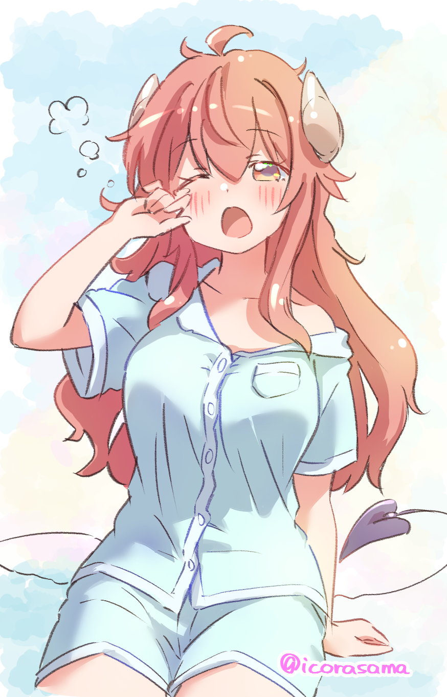 1girl ahoge breasts demon_tail highres horns icorasama large_breasts long_hair machikado_mazoku one_eye_closed open_mouth pajamas red_hair shirt_slip short_shorts shorts sitting sleepy solo tail yawning yellow_eyes yoshida_yuuko_(machikado_mazoku)