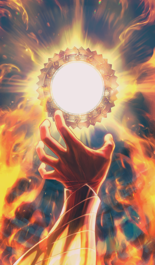 1boy ashwatthama_(fate) chakram commentary fate/grand_order fate_(series) fire glowing hand_focus moryo official_art orange_theme reaching solo third-party_source weapon weapon_focus