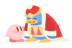 beak bird blue_feathers blush_stickers colored_skin feathers gigi_d.g. girdle happy hat king_dedede kirby kirby&#039;s_dream_land kirby_(series) lowres nintendo penguin pink_skin red_headwear robe sad smile source_request standing white_background