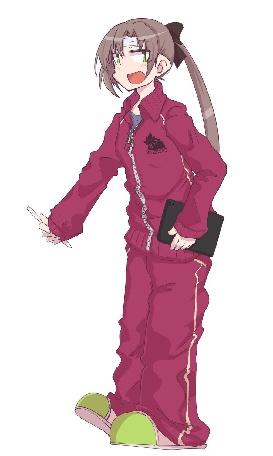 1girl akigumo_(kancolle) alternate_costume brown_hair cold_pack commentary_request drawing_tablet full_body green_eyes highres honketsu jacket kantai_collection long_hair open_mouth pants ponytail purple_jacket purple_pants slippers smile solo stylus track_jacket track_suit