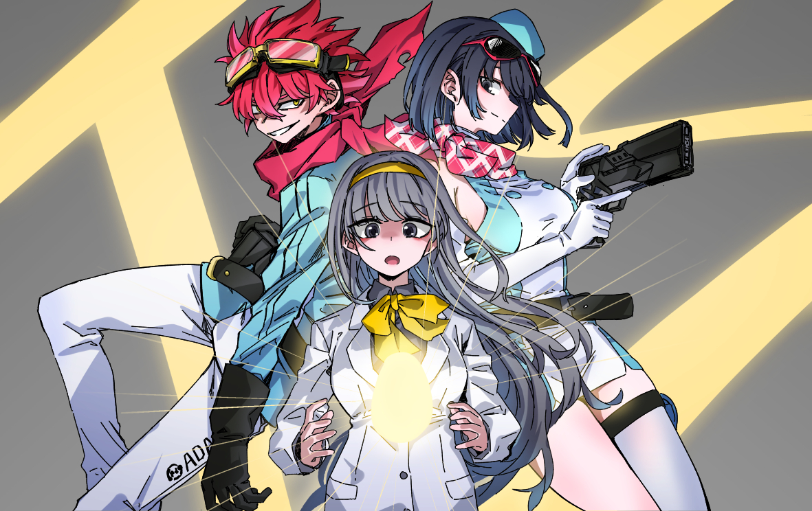 1boy 2girls bandana bandana_around_neck bare_shoulders black_eyes black_hair breasts cowboy_shot digimon digimon_story:_time_stranger digitama dress egg eyewear_on_head glowing goggles goggles_on_head green_hat green_jacket grey_background grey_eyes grey_hair grey_shirt gun hat holding holding_gun holding_weapon jacket large_breasts long_hair misono_inori multiple_girls red_bandana red_hair shirt short_dress short_hair simple_background sin_seishun single_thighhigh sleeveless sleeveless_dress thighhighs trigger_discipline two-tone_dress weapon white_dress white_jacket white_shirt white_thighhighs yellow_eyes yuuki_dan yuuki_kanan