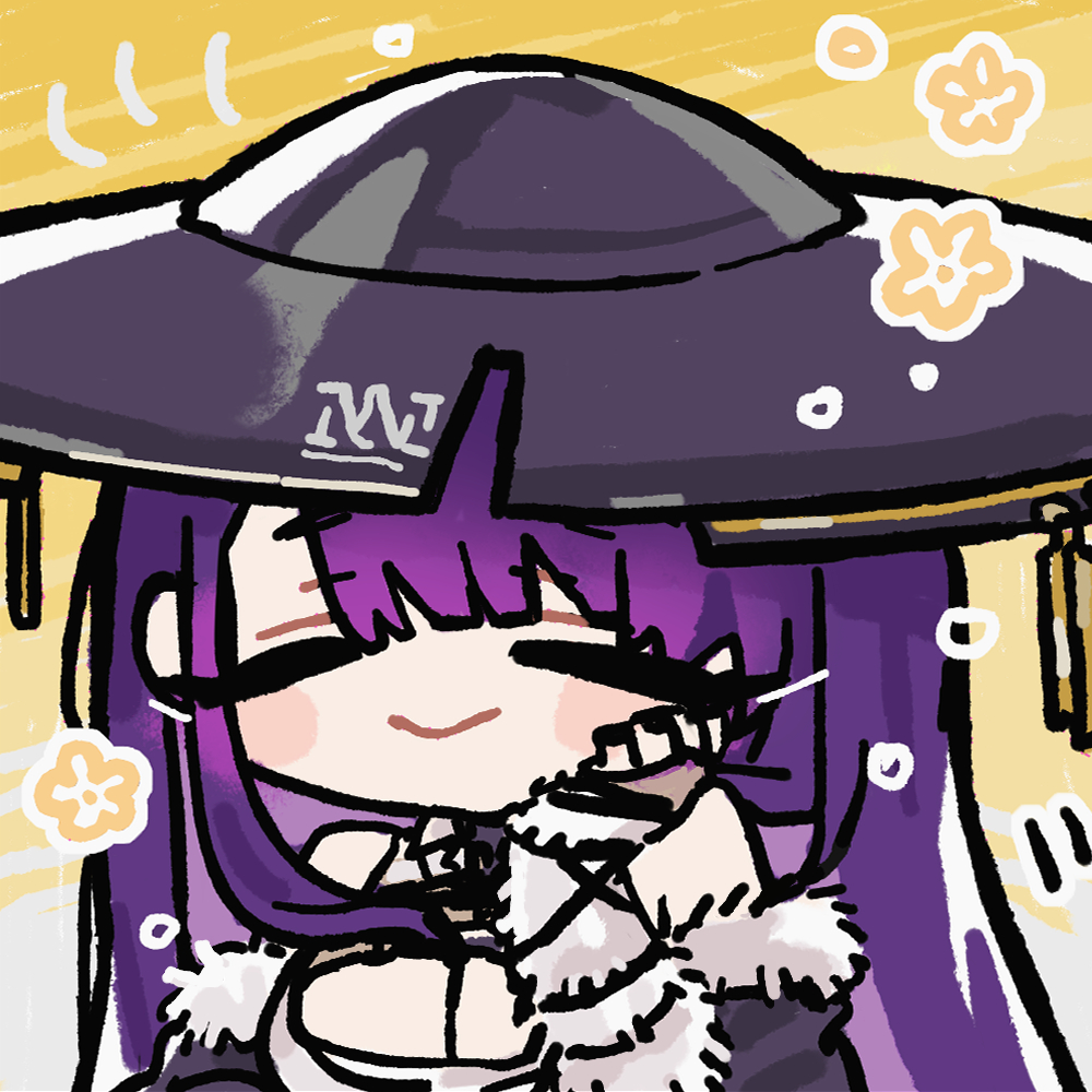 1girl chibi chibi_only chinese_commentary cleavage_cutout closed_eyes clothing_cutout cui_pi_zha_xia_qiu girls&#039;_frontline girls&#039;_frontline_neural_cloud hand_on_own_cheek hand_on_own_face happy hat jingasa official_art purple_hair sangoma_(neural_cloud) second-party_source smile solo