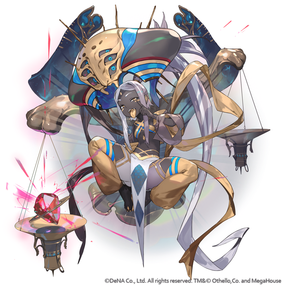 1girl absurdly_long_hair barefoot barefoot_sandals_(jewelry) crystal dark-skinned_female dark_skin detached_sleeves full_body gold_trim gyakuten_othellonia harem_pants long_hair looking_at_viewer mesugaki nail_polish navel othellonia pants parted_bangs ponytail revealing_clothes so-taro solo tongue tongue_out very_long_hair weighing_scale white_background white_hair yellow_eyes