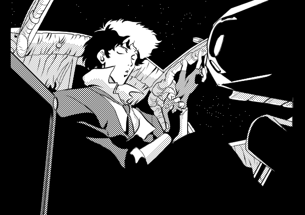 1boy closed_eyes cowboy_bebop fingerless_gloves gloves male_focus sole_male solo space spaceship_interior spike_spiegel tagme