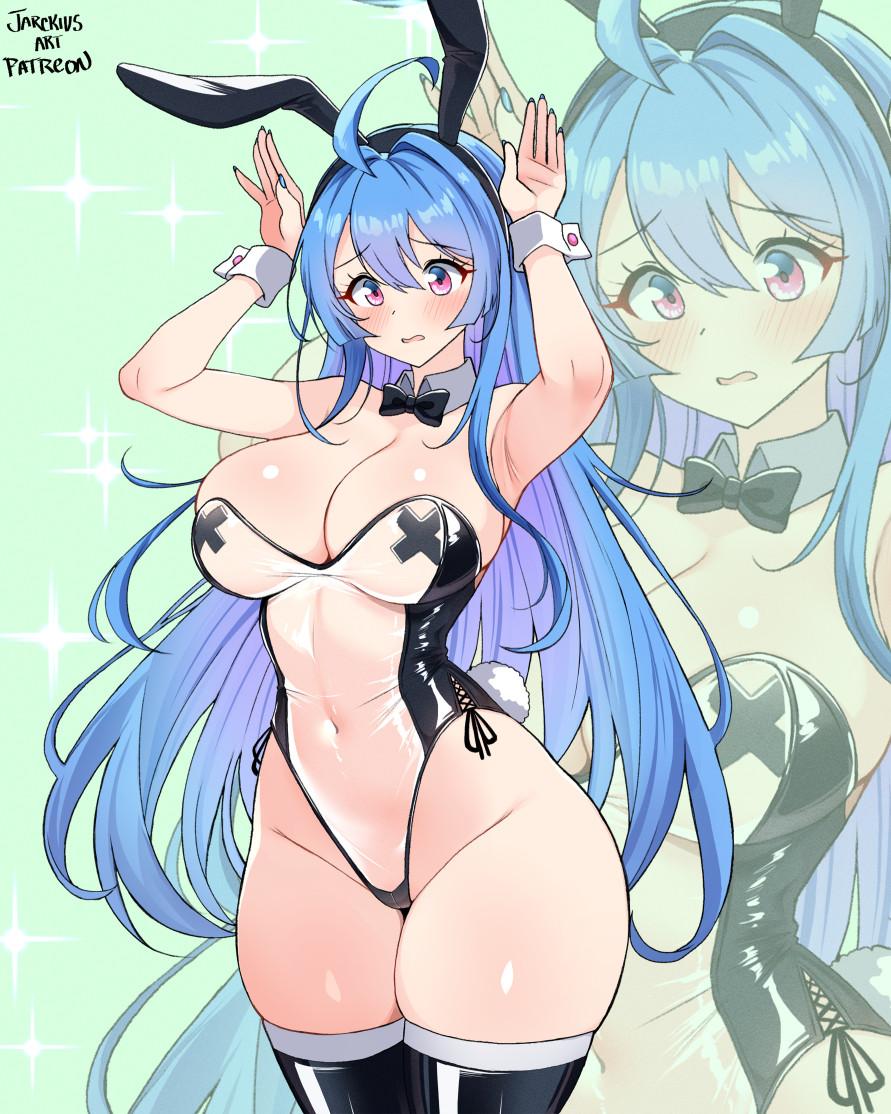 1girl ahoge animal_ears azur_lane bare_shoulders blue_hair blush breasts detached_collar fake_animal_ears helena_(azur_lane) jarckius large_breasts leotard long_hair meme_attire navel pasties playboy_bunny purple_eyes rabbit_ears rabbit_pose see-through_clothes see-through_leotard solo strapless strapless_leotard thick_thighs thighs translucent_bunnysuit very_long_hair