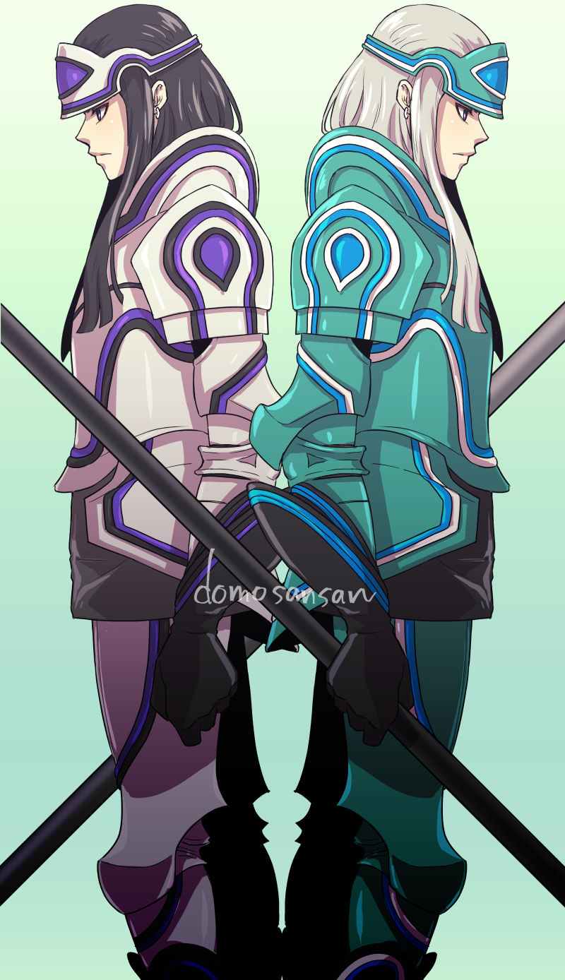 2boys aqua_armor armor back-to-back black_gloves black_hair blunt_sidelocks breastplate cu_chulainn_(megami_tensei) earrings faulds forehead_protector gloves gradient_background grey_hair highres holding holding_polearm holding_weapon jewelry long_hair male_focus multiple_boys palette_swap polearm shin_megami_tensei shinabita_nasubi shoulder_armor sidelocks symmetrical_pose tam_lin_(megami_tensei) weapon white_armor white_eyes