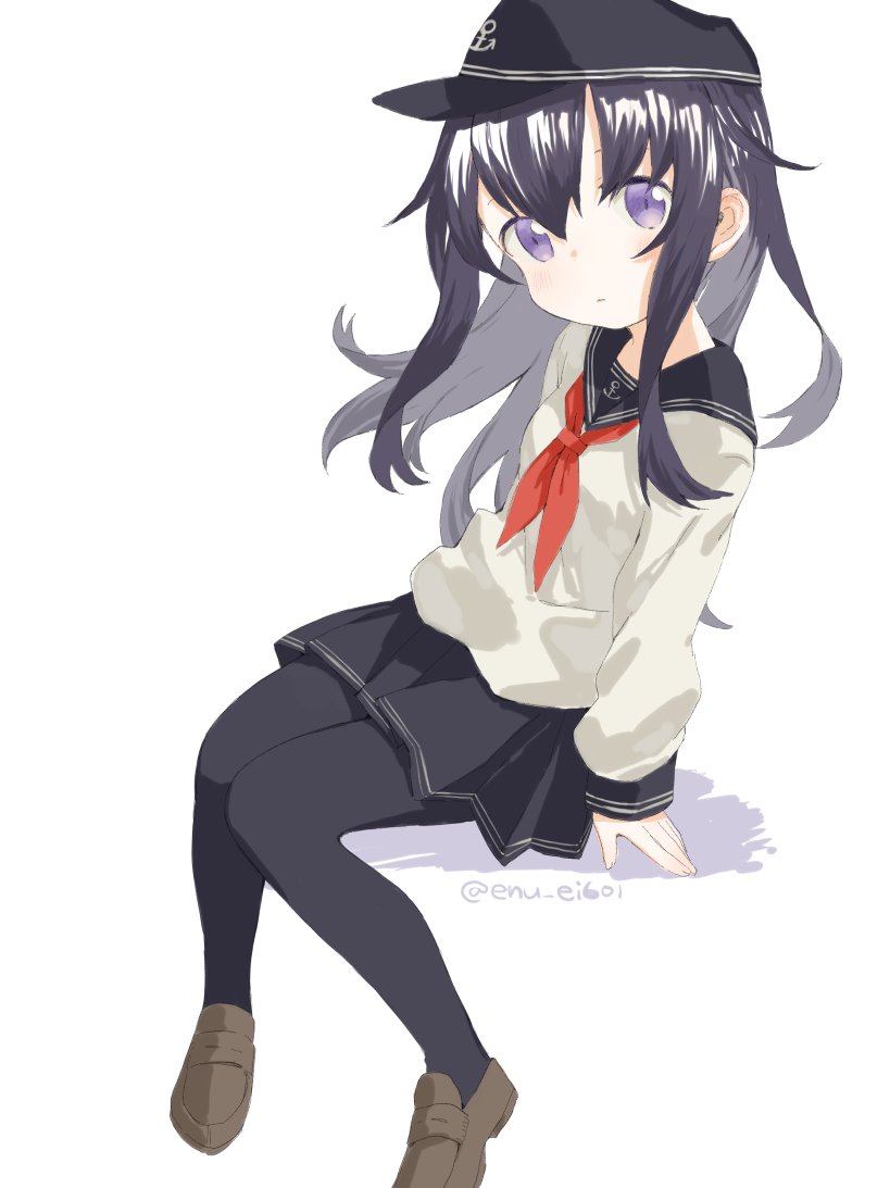1girl akatsuki_(kancolle) anchor_symbol black_hair black_hat black_pantyhose black_sailor_collar brown_shoes closed_mouth flat_cap hat kantai_collection karamomo long_hair long_sleeves looking_at_viewer neckerchief one-hour_drawing_challenge pantyhose pleated_skirt purple_eyes red_neckerchief sailor_collar school_uniform serafuku shoes simple_background sitting skirt solo twitter_username