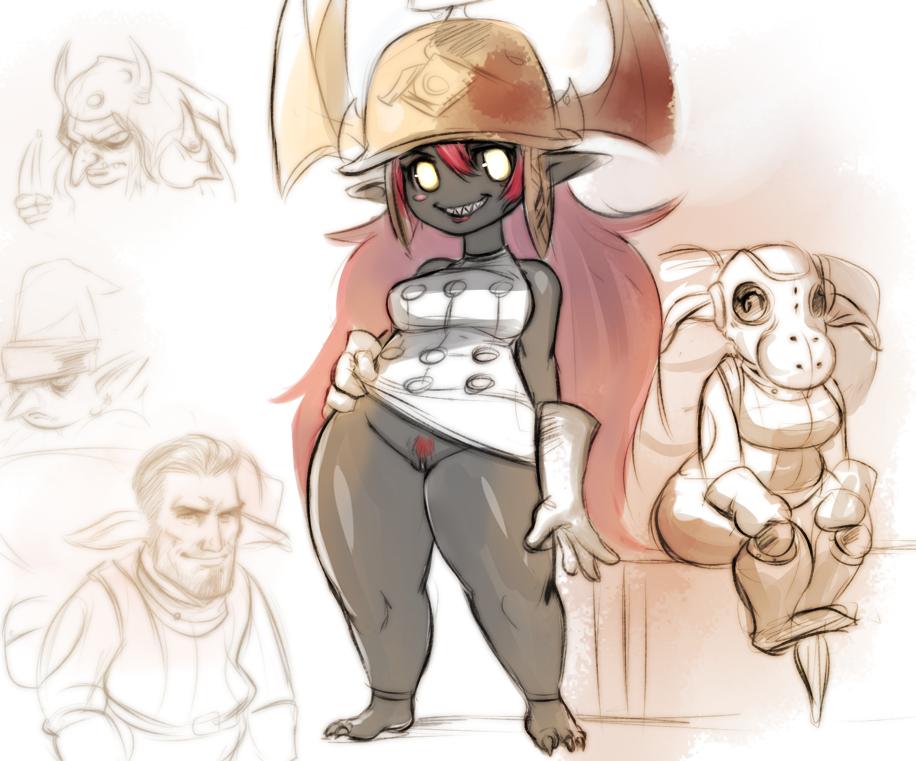 1girl black_skin blush_stickers bottomless clothes_lift colored_pubic_hair colored_skin fake_horns female_goblin female_pubic_hair final_fantasy final_fantasy_i final_fantasy_xi final_fantasy_xiv gloves goblin goblin_(final_fantasy) goblin_princess_(woff) grin hair_between_eyes helmet horned_helmet horns lifting_own_clothes long_hair looking_at_viewer mrkg_(arsfatuus) no_nose no_pupils pointy_ears pubic_hair pussy red_hair red_pubic_hair sharp_teeth sharp_toenails smile standing teeth thighs toenails uncensored white_gloves world_of_final_fantasy yellow_eyes yellow_headwear